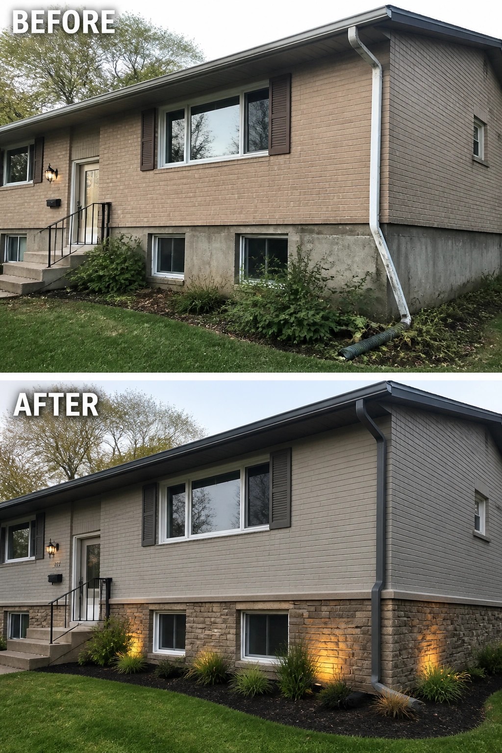 Before-and-after image of a split-level house where an exposed concrete foundation is replaced with stacked stone veneer, defined mulch beds with grasses, and warm uplighting.