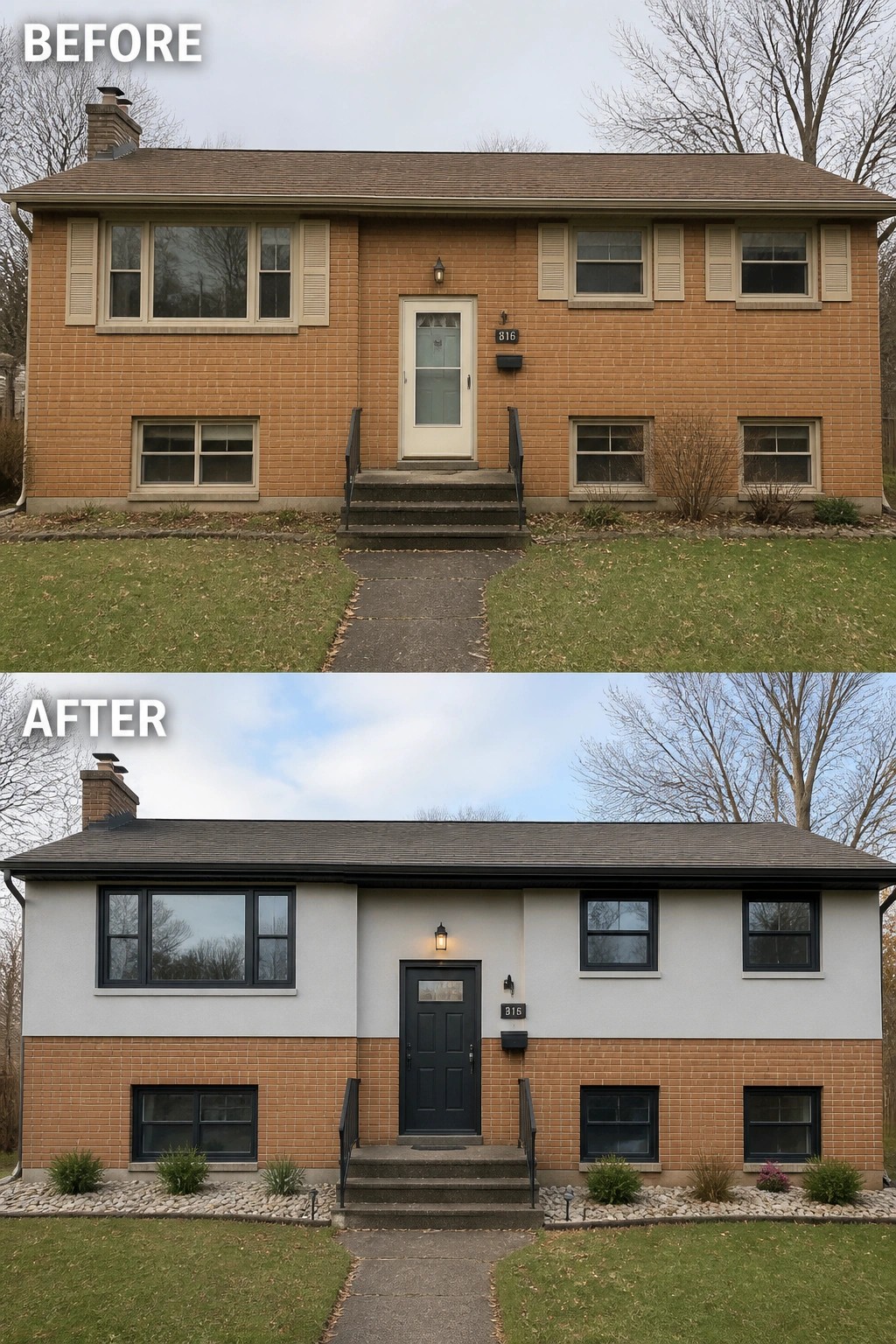 Before-and-after image of a split-level house where the top half of the brick facade was covered in a light render and the windows and front door were repainted dark to modernize the exterior.