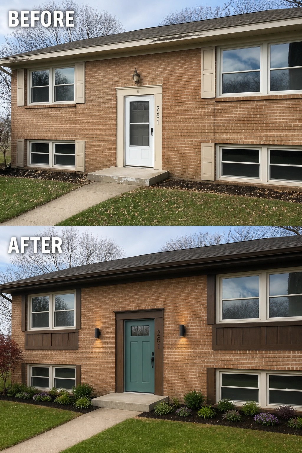 Before-and-after image of a split-level brick house updated with a painted teal front door, dark trim and lighting, and neat planting beds.