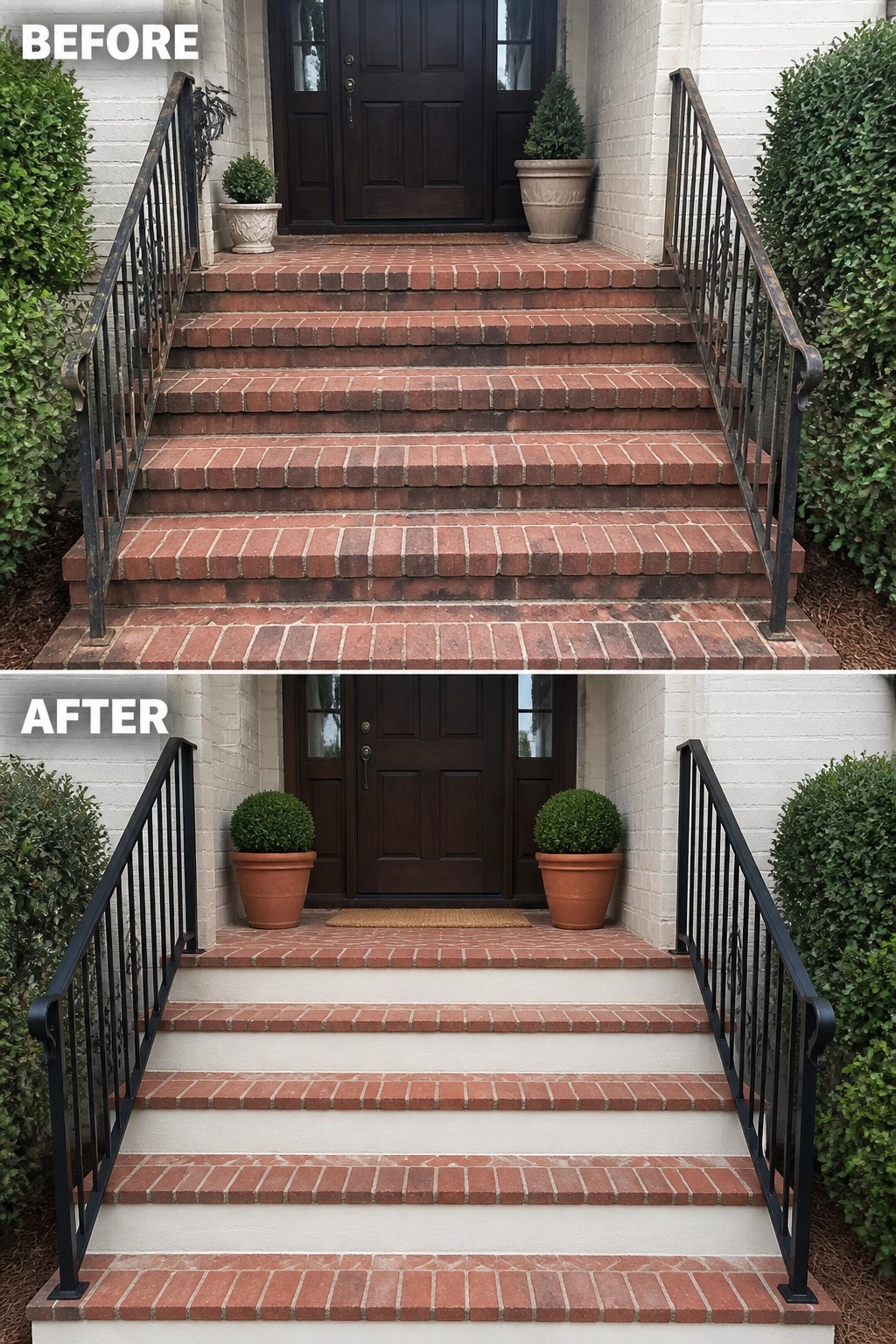 Before-and-after image of a front brick stair where the all-brick risers were changed to soft limewashed risers, creating a lighter entry with new railings and matching planters.