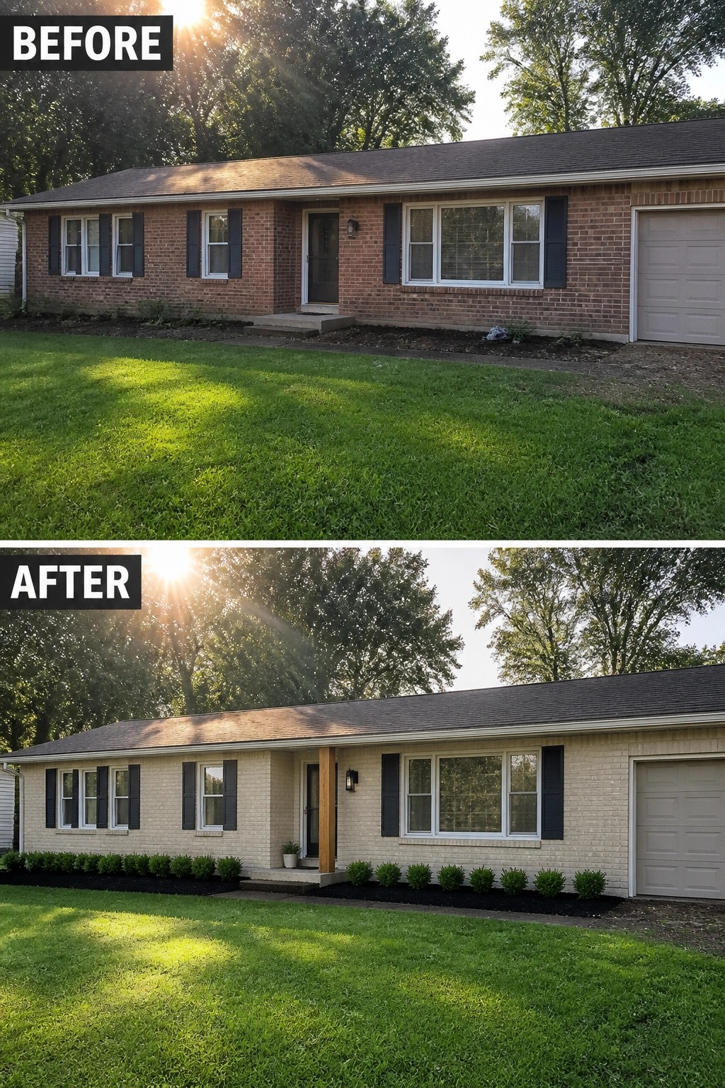 Before-and-after image of a single-story brick house where the red brick is lightened with a soft limewash