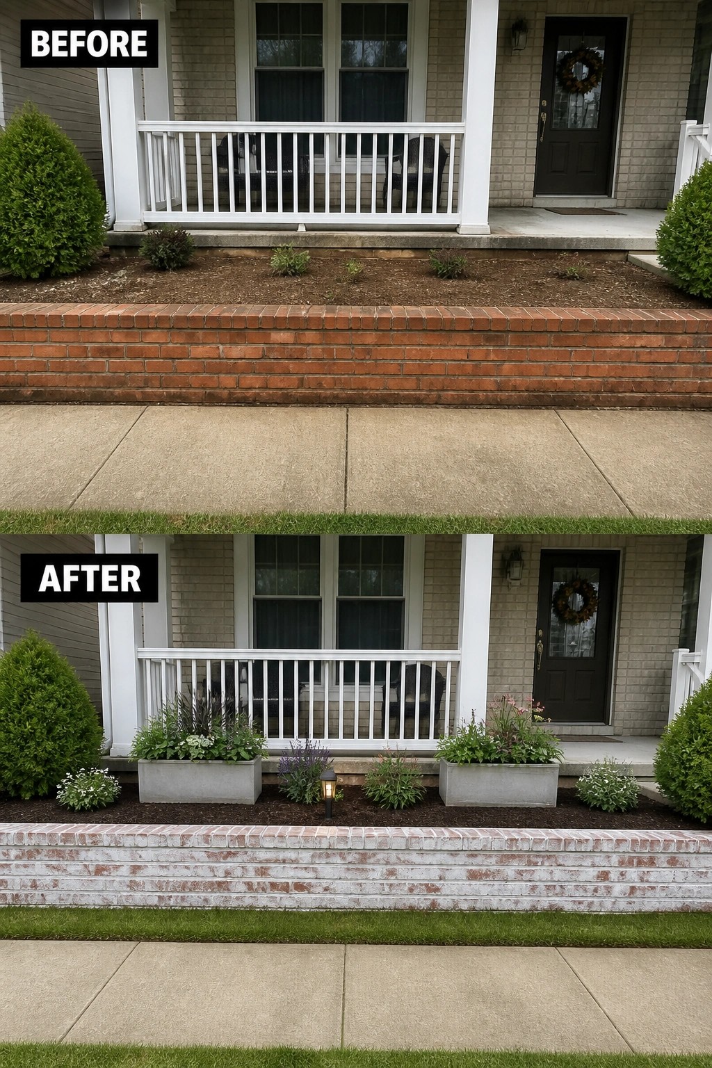 Before-and-after image of a front brick planter updated by limewashing the brick and adding planters, mulch, and a low path light.