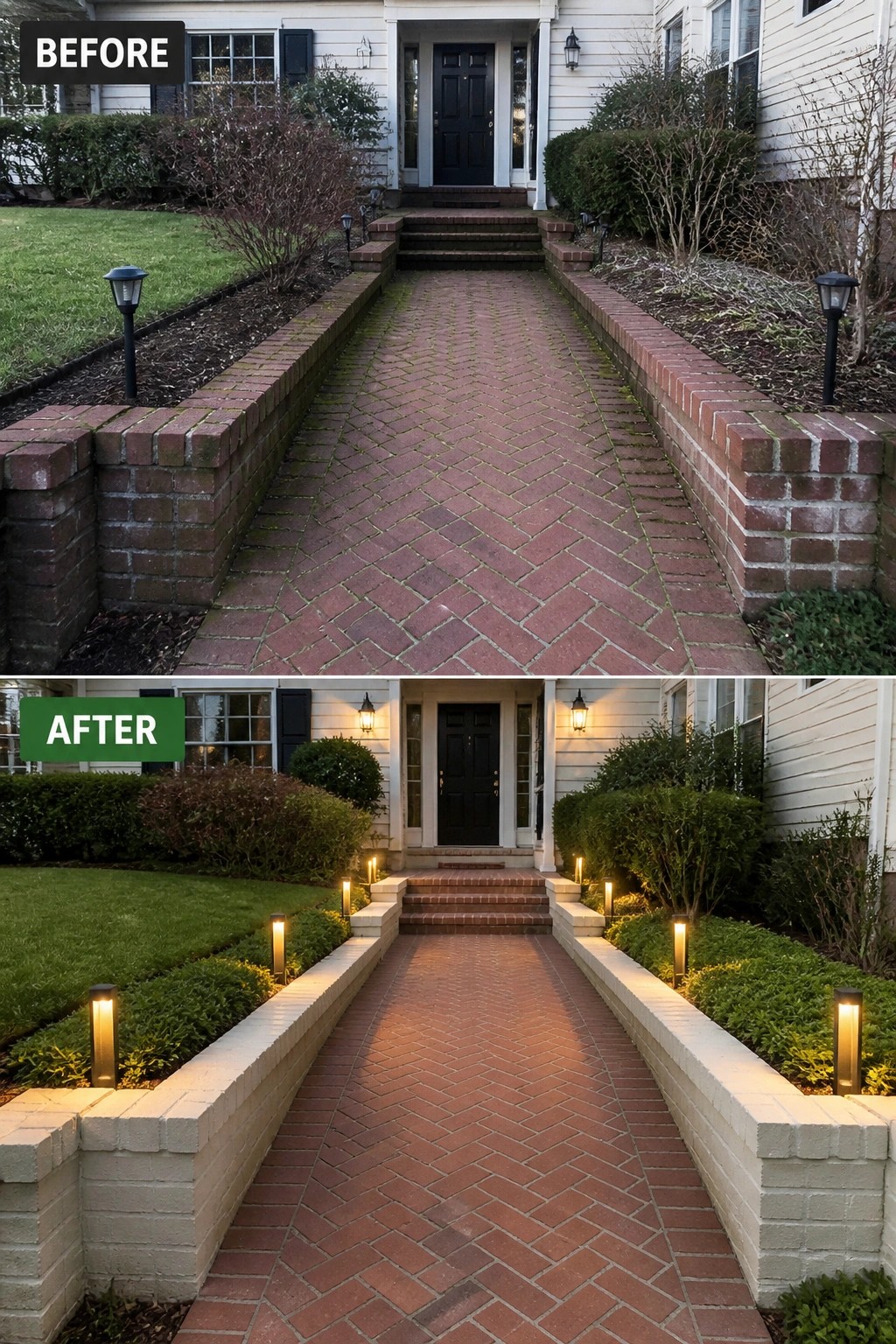 Before-and-after image of a front walkway where red brick low walls are lightened with a pale limewash and simple pathway lighting is added.