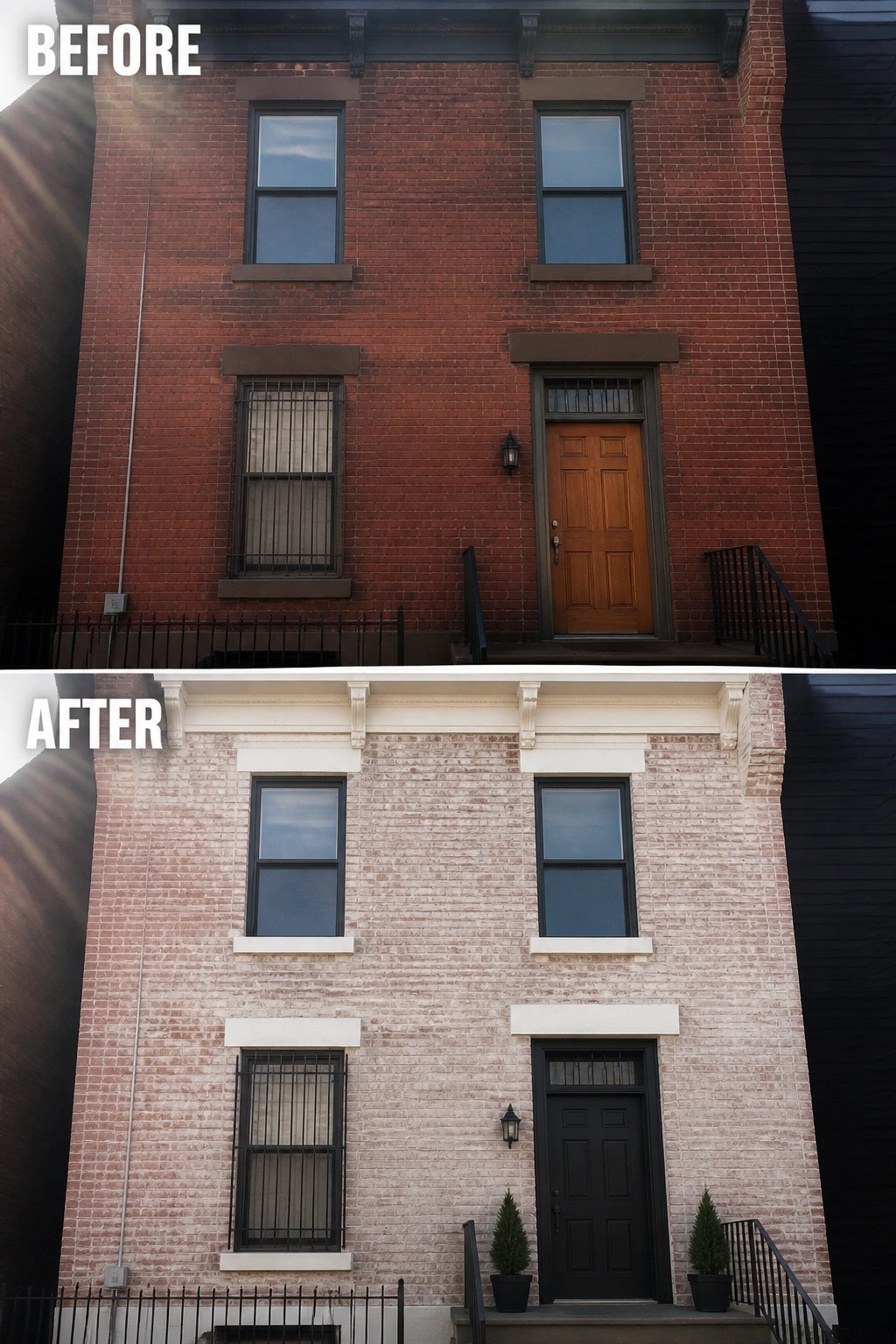 Before-and-after image of a brick rowhouse facade lightened by a soft limewash and updated with painted trim, a dark front door, and matching planters.