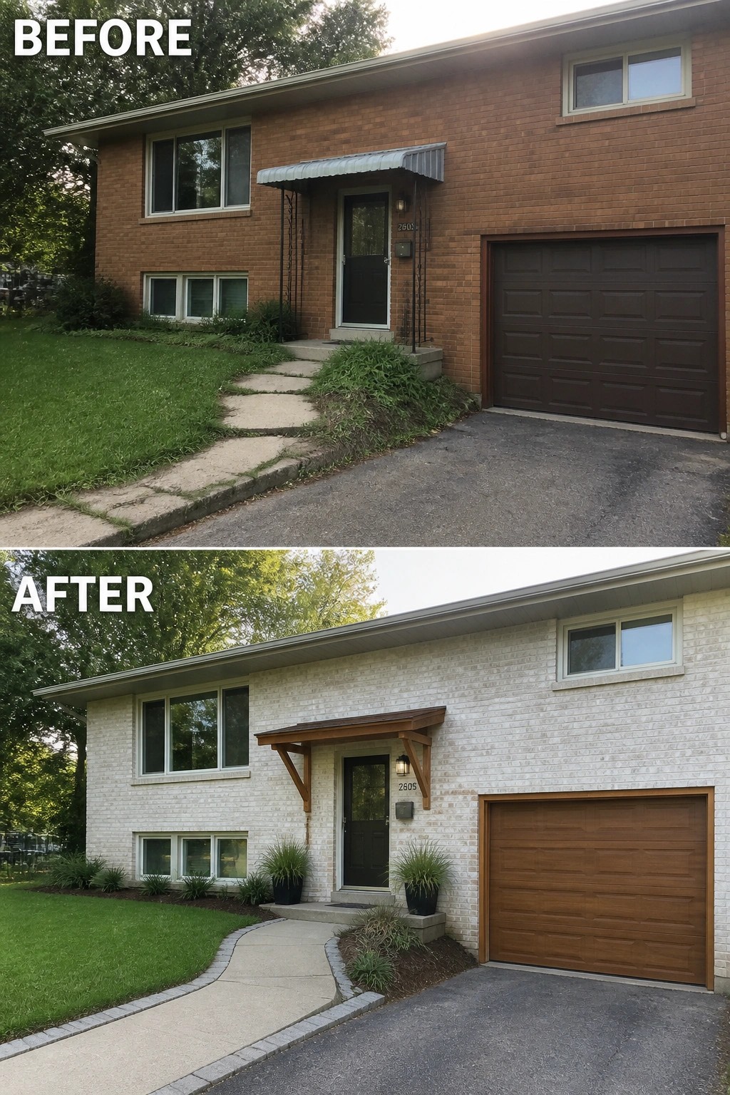 Before-and-after image of a brick house exterior updated with a soft white limewash on the brick and a new wooden entry canopy and planters.