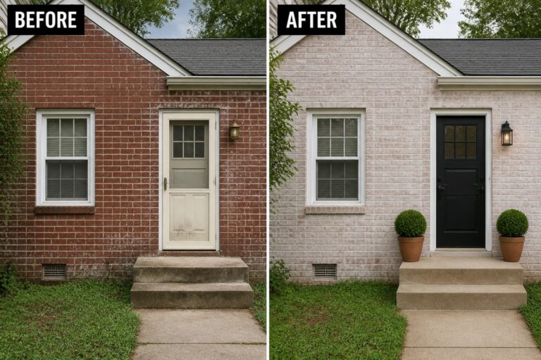 23 Fresh Brick Exterior Transformation Ideas Using Soft Limewash Before-and-after image of a red brick house exterior changed by a soft white limewash on the bricks and a styled entry with a dark door and potted plants.