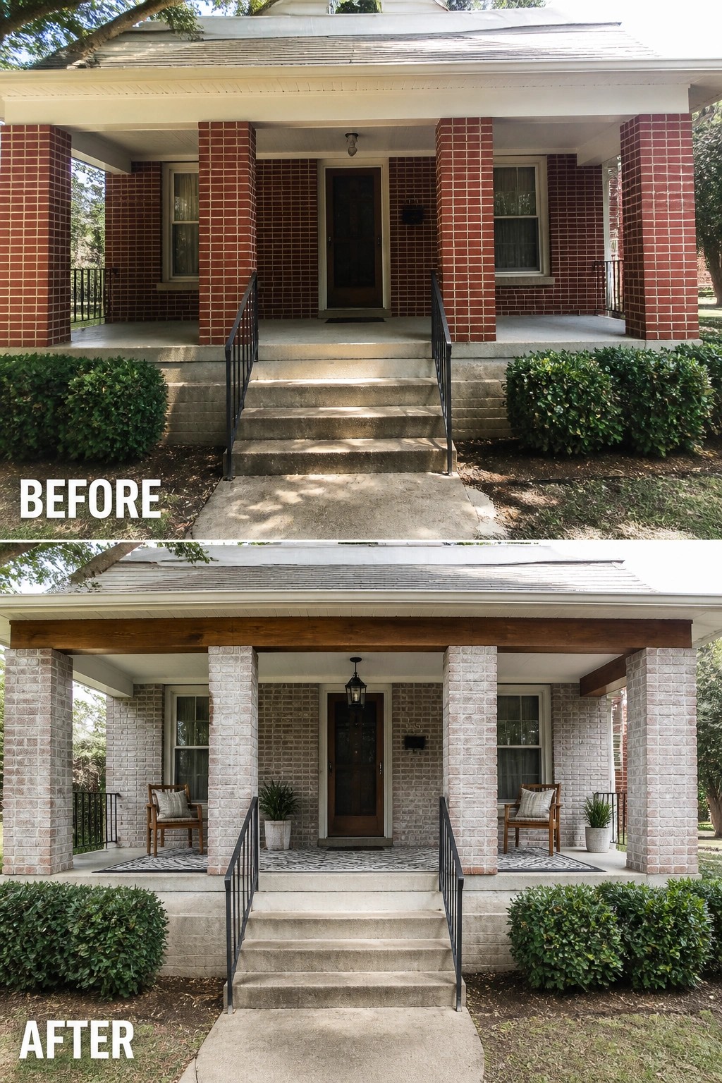 Before-and-after image of a front porch updated by light limewashing of the brick and simple staging with a rug, chairs, planters, and a hanging lantern.