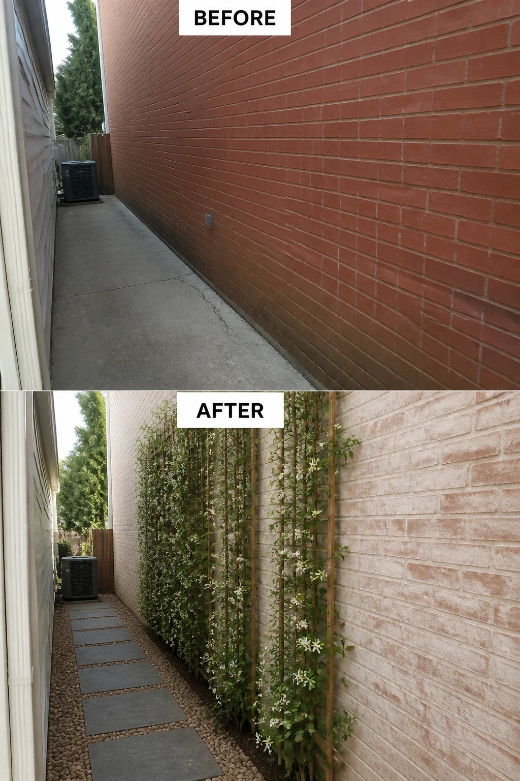 Before-and-after image of a narrow side alley where dark red brick and plain concrete are changed to a pale limewashed brick wall with trellises of climbing plants and a gravel path with stepping stones.