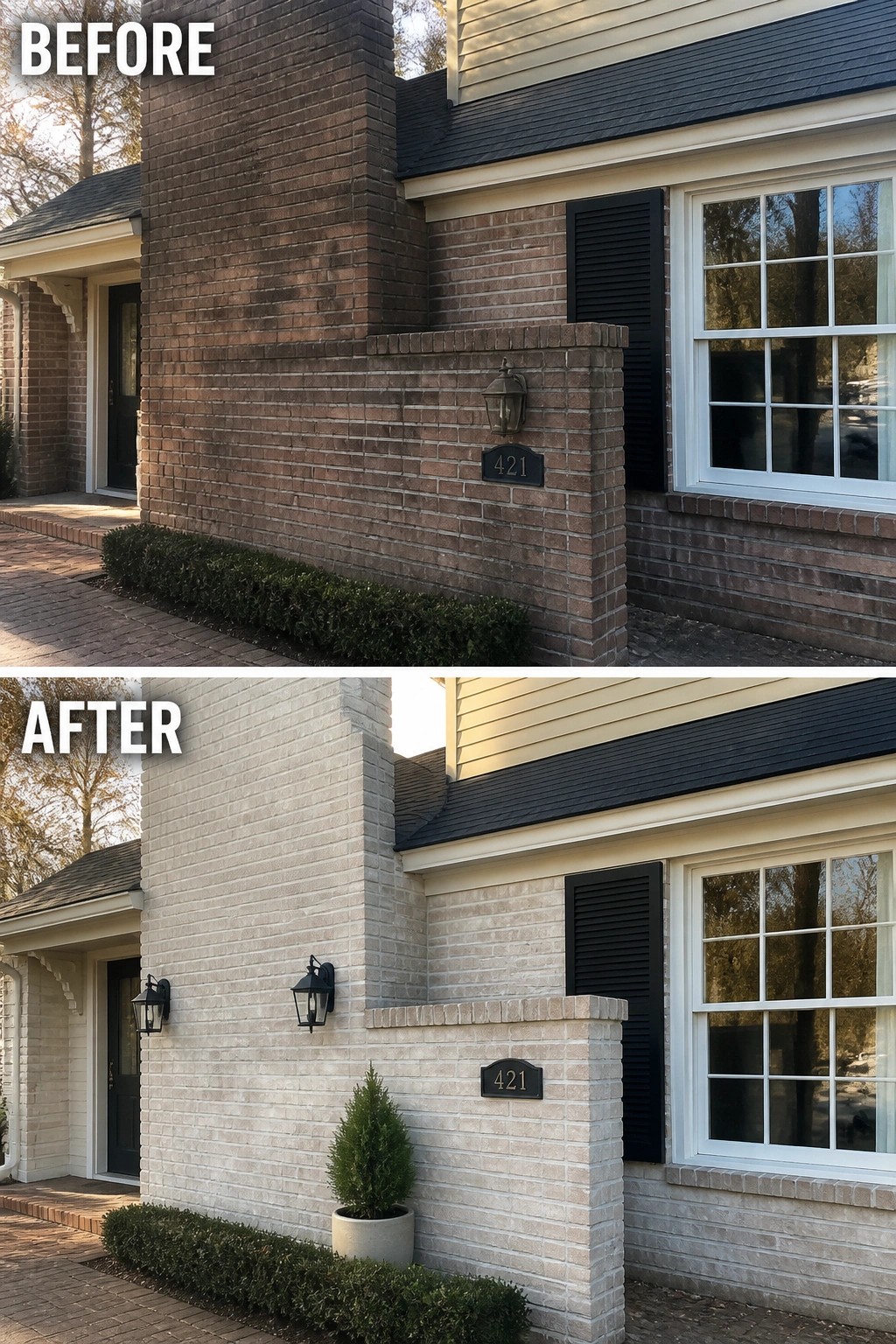 Before-and-after image of a dark brown brick house whose chimney and front wall are lightened to a pale creamy color using a limewash, with black shutters and outdoor lanterns.