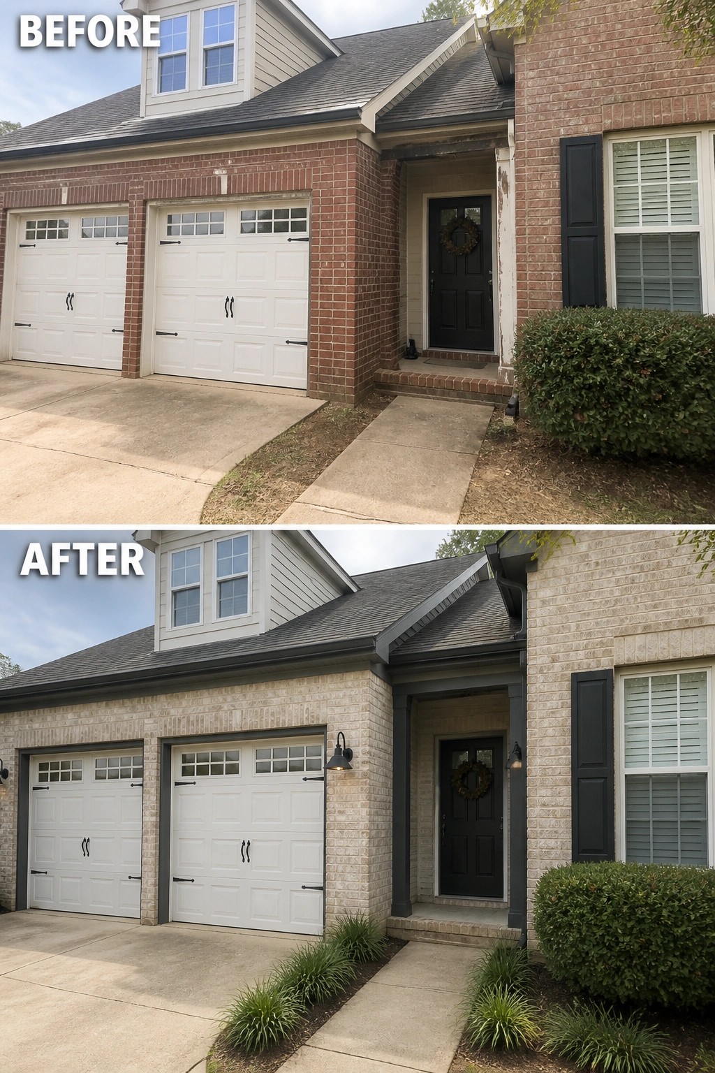 Before-and-after image of a home's front facade where red brick was lightened with a soft limewash and the trim and lighting were darkened and updated.