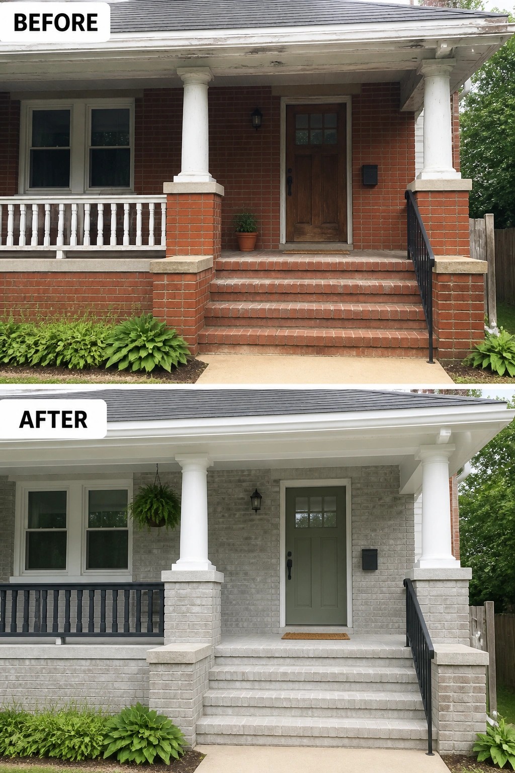Before-and-after image of a front porch where original red brick is updated to a pale limewashed brick finish, with refreshed trim and a new front door.