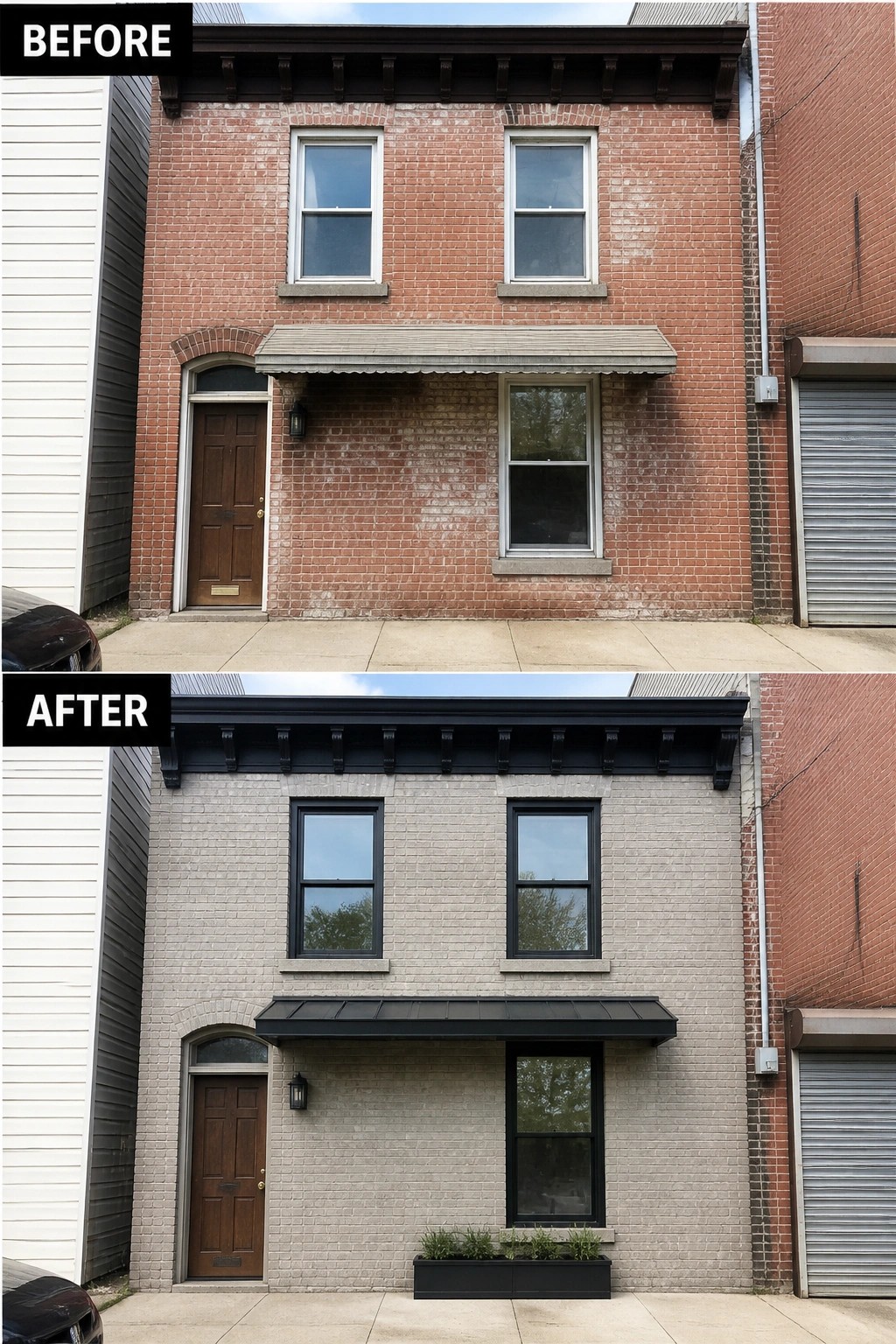 Before-and-after image of a red brick row house made lighter with a soft limewash, with darker trim, a new metal awning, and a planter added.