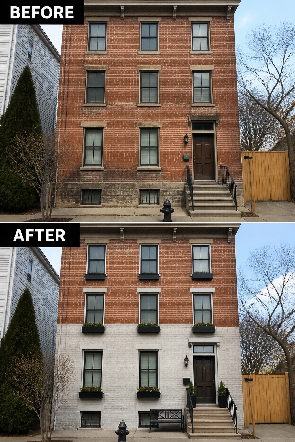 Before-and-after image of a brick townhouse where the lower facade is lightened with a pale limewash and black window boxes and planters are added.