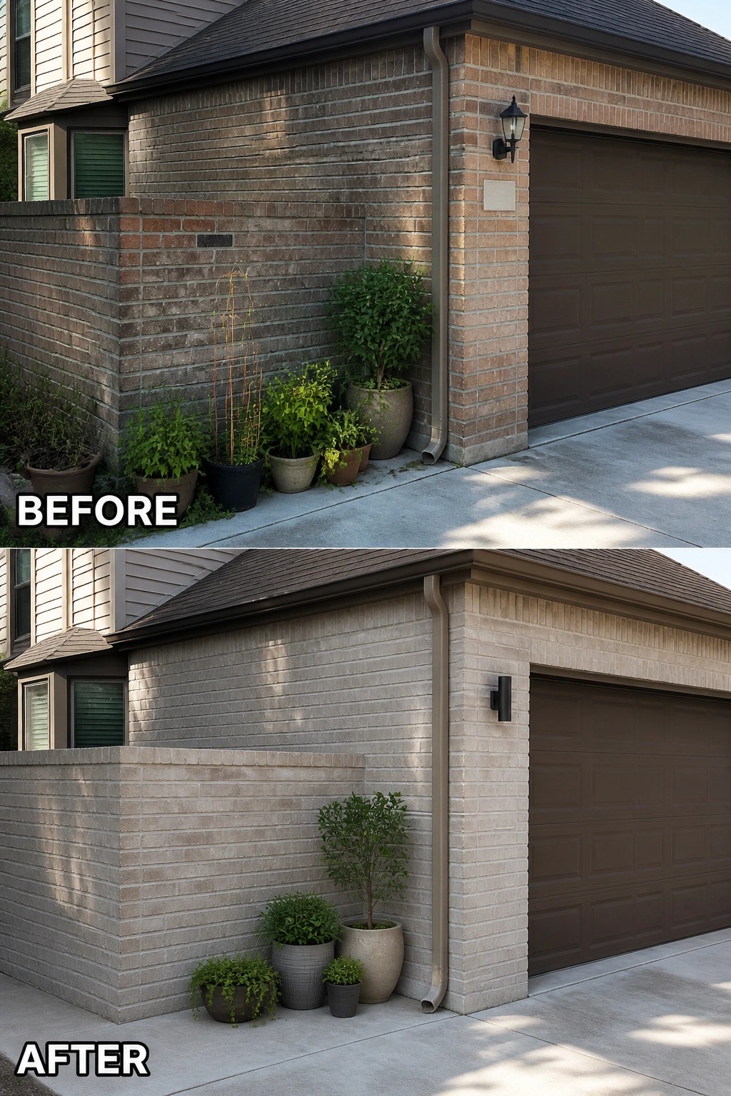 Before-and-after image of a garage brick wall shown dark and weathered in the before and lightened with a soft limewash and neater planters and lighting in the after.