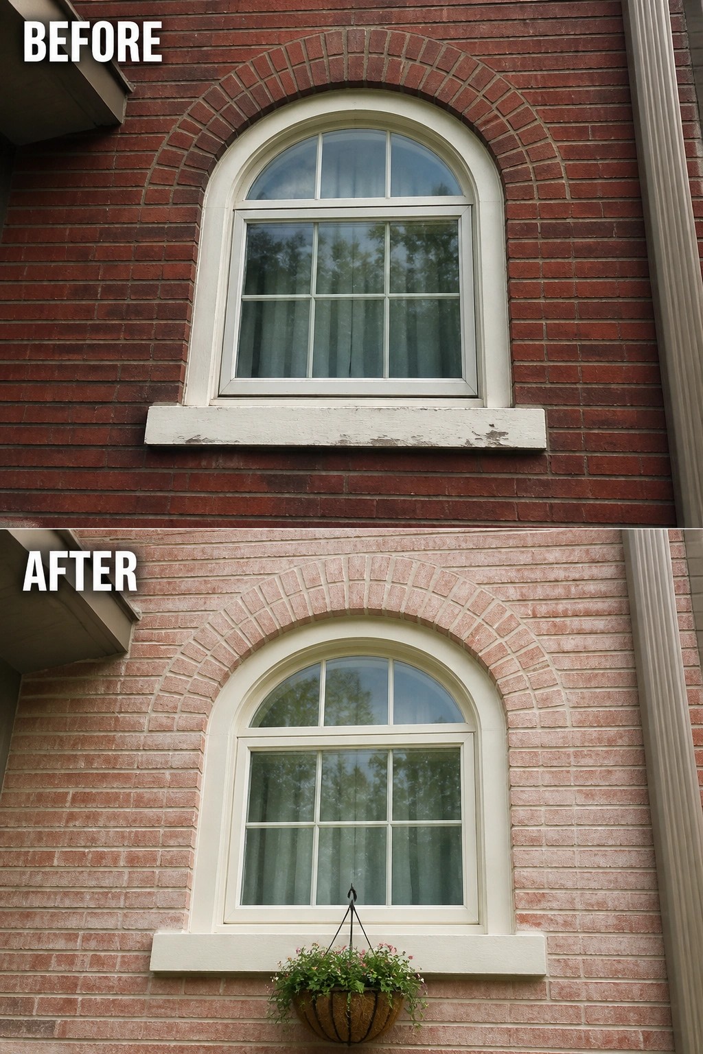 Before-and-after image of a brick house window where deep red bricks are lightened with a pale limewash and a hanging planter is added.