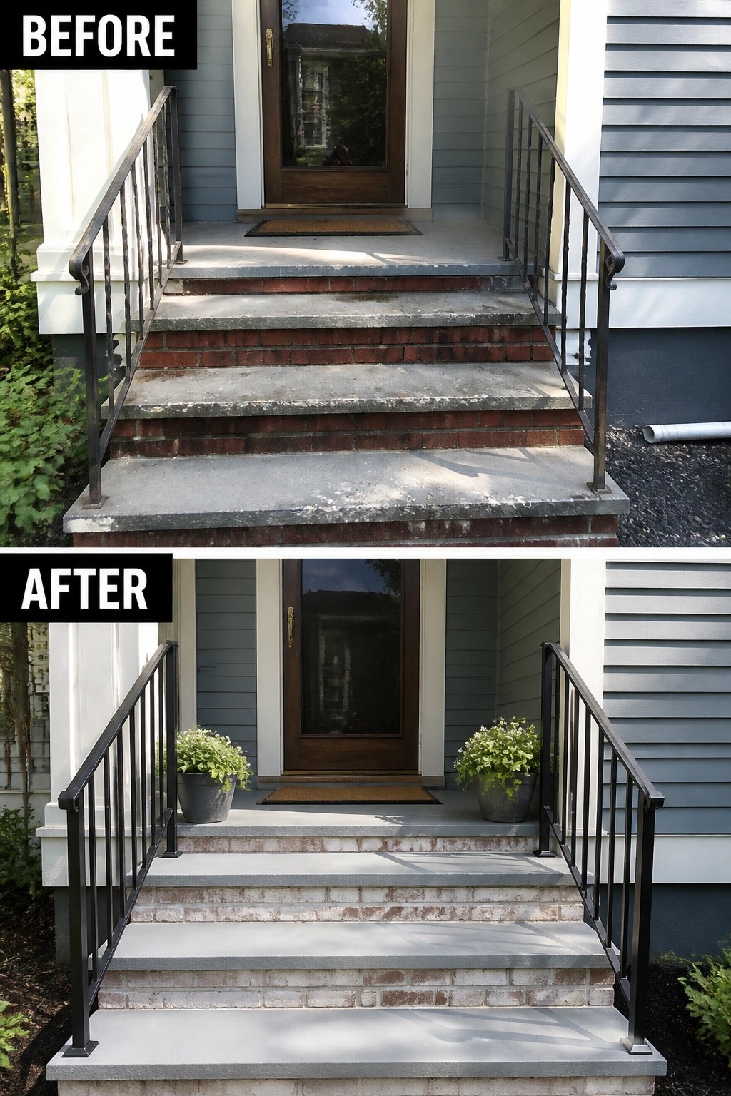 Before-and-after image of a front porch showing worn dark brick and concrete steps refreshed with a soft limewash and styled with simple potted plants.