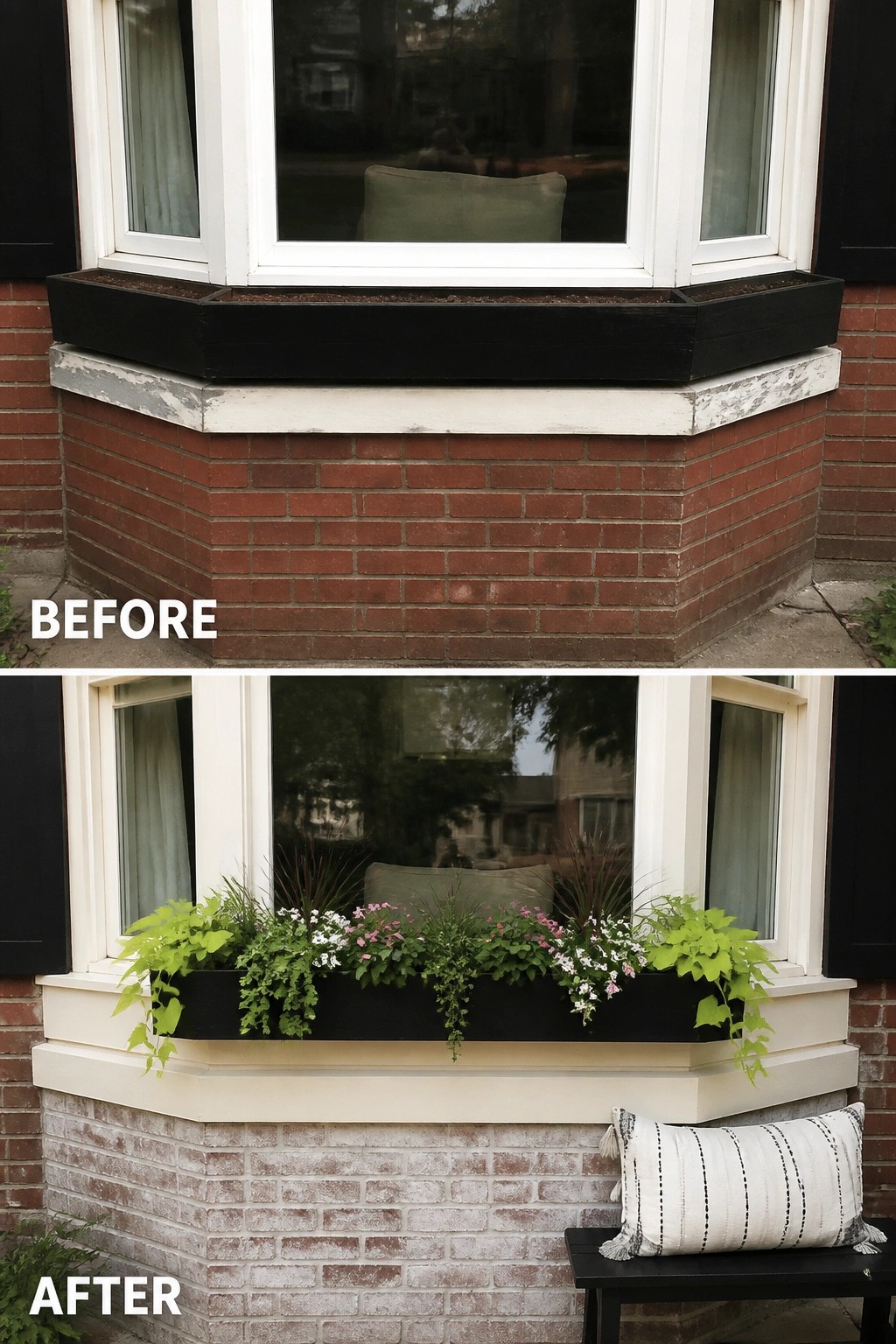 Before-and-after image of a bay window on a brick house showing the base refreshed with a soft white limewash and a planted black window box added.