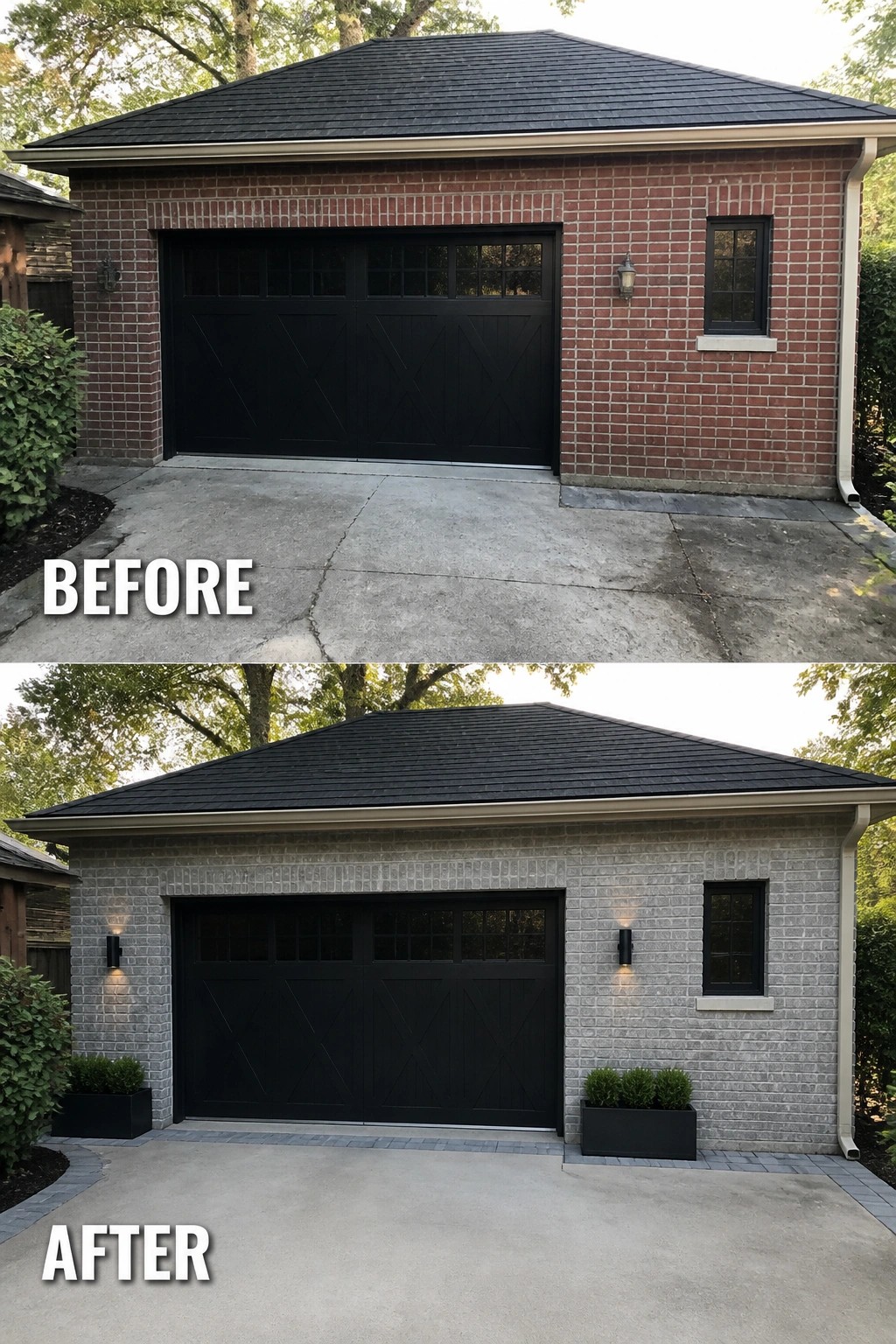 Before-and-after image of a garage exterior where red brick was lightened with a soft gray limewash and styled with dark garage doors, wall sconces, and planters.