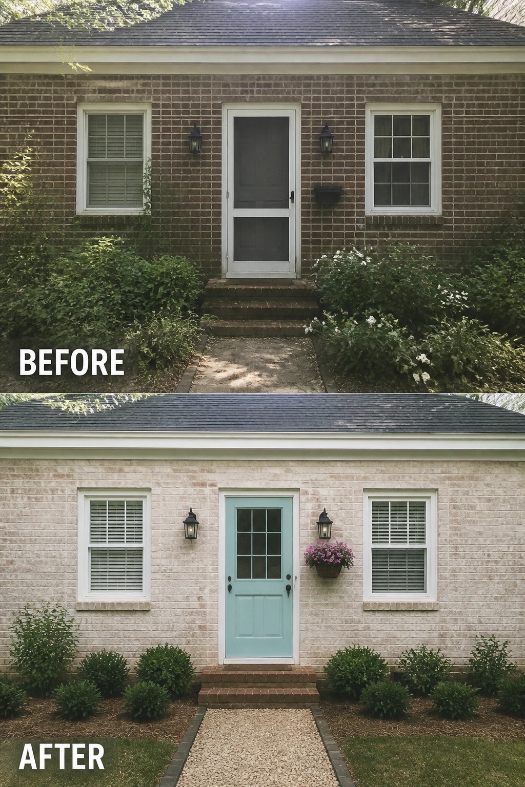 Split before-and-after showing brick house front: whitewashed transformation, mint door, lanterns, trimmed shrubs