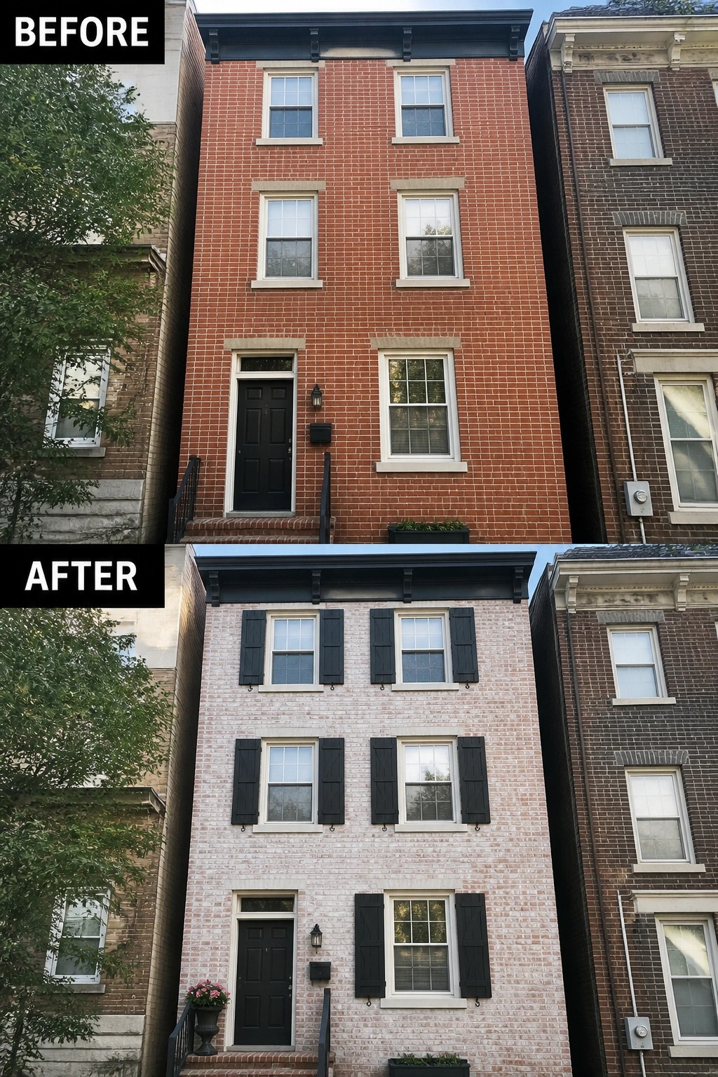 Before-and-after image of a brick house facade changed from solid red brick to a pale limewashed finish with added black shutters.