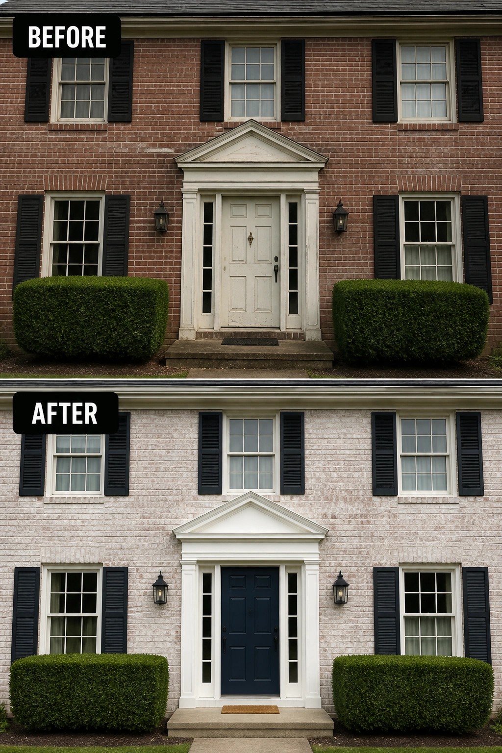 Before-and-after colonial facade: red brick with weathered white door; whitewashed brick with navy door