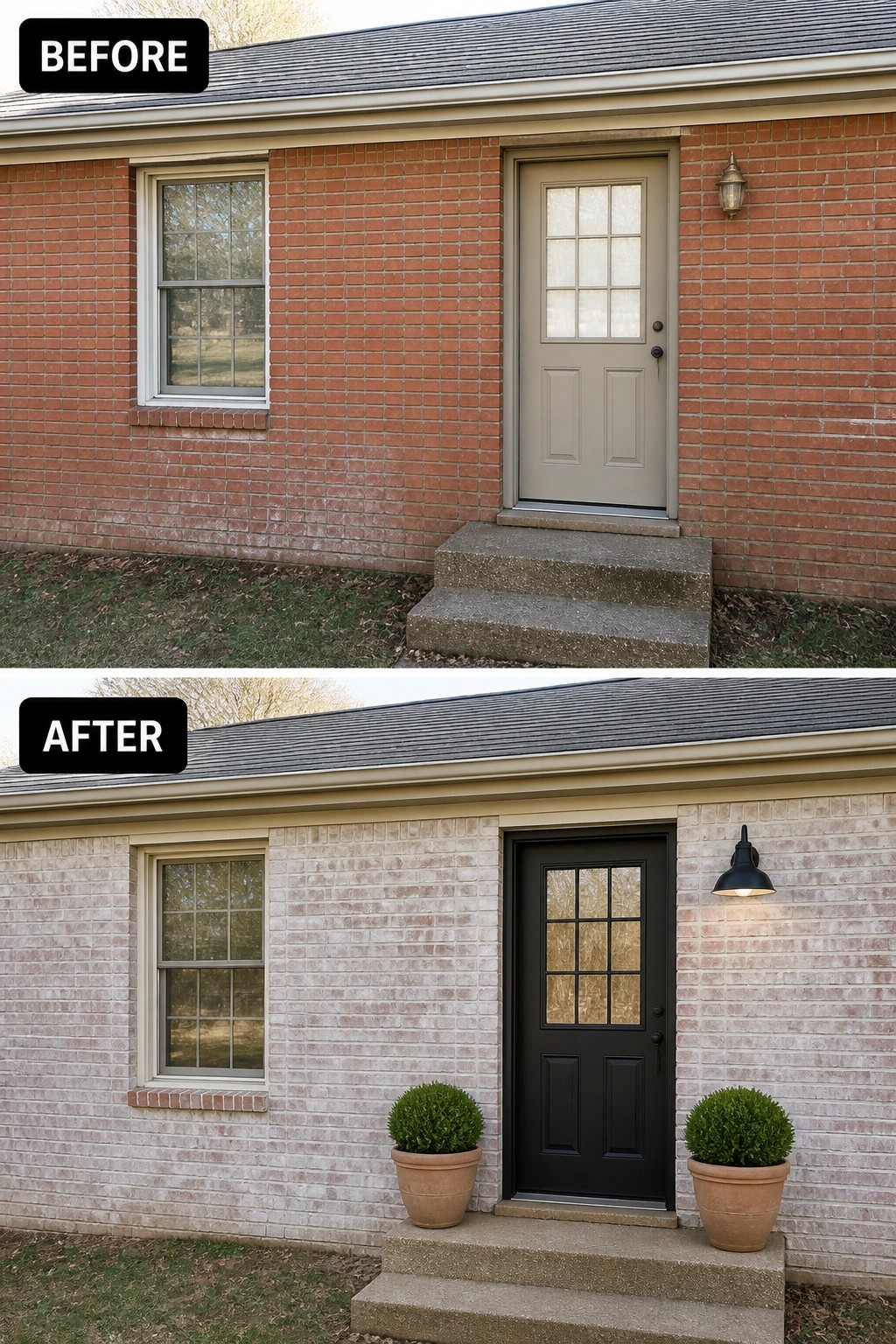 Before-and-after image of a red brick house exterior changed by a soft white limewash on the bricks and a styled entry with a dark door and potted plants.