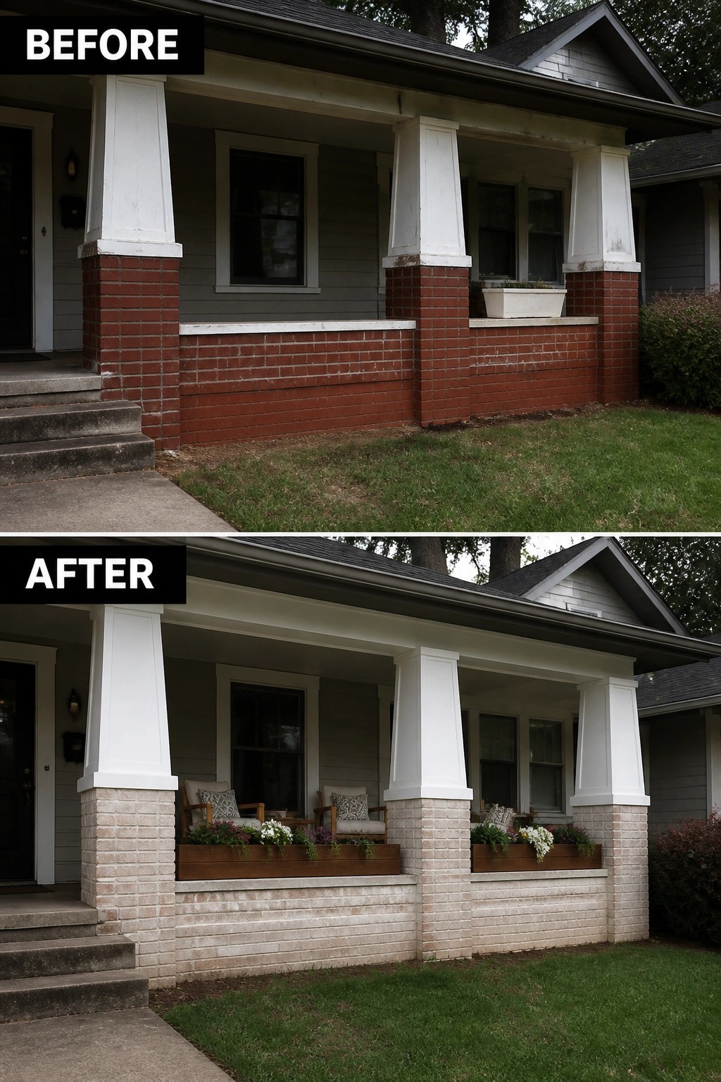 Before-and-after image of a front porch where red brick was lightened with a soft limewash and styled with planter boxes and seating.