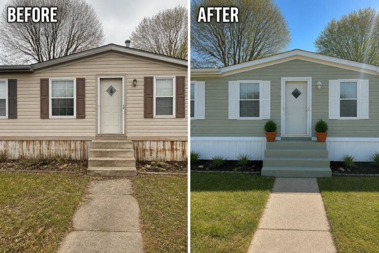Before-and-after image of a manufactured home exterior showing the house repainted in a softer color with crisp white trim and cleaner skirting.