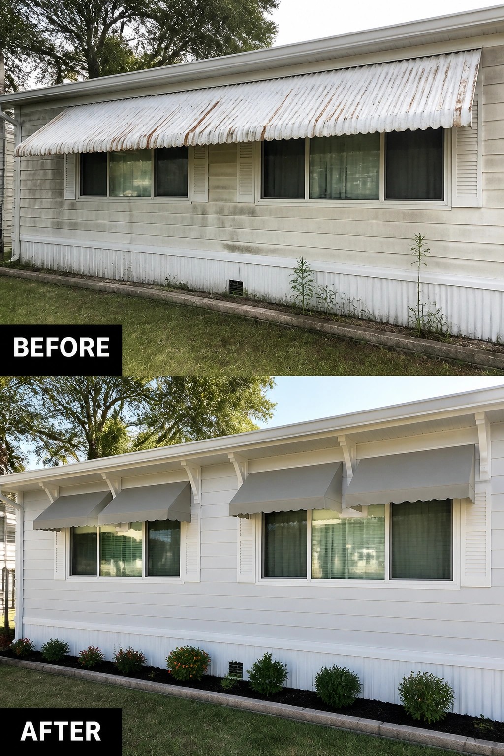Before-and-after image of a manufactured home exterior showing a rusted full-length metal awning and dingy siding replaced by crisp painted siding, smaller individual window awnings, and a tidy planted bed.