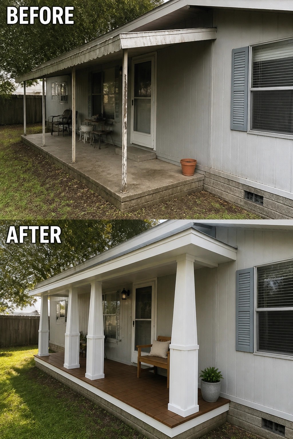 Before/after porch: peeling posts replaced by white tapered columns, wood-tile floor, bench.