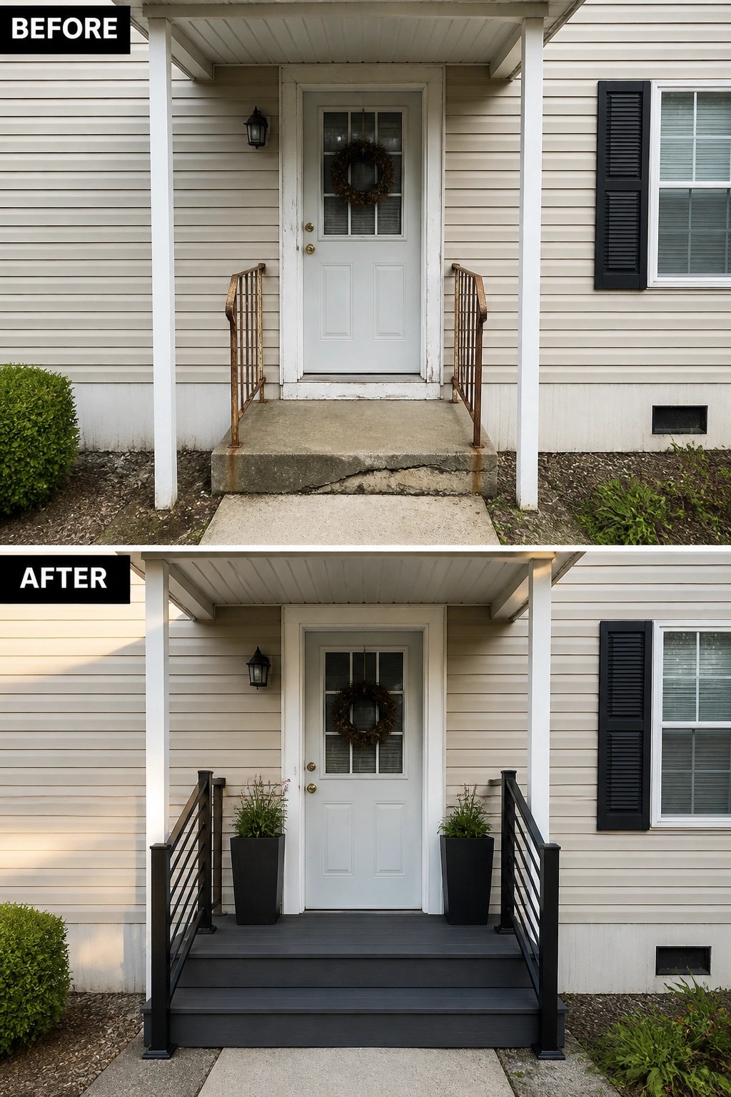 Before-and-after image of a plain front porch updated with a small raised deck, modern metal railings, and matching planters.