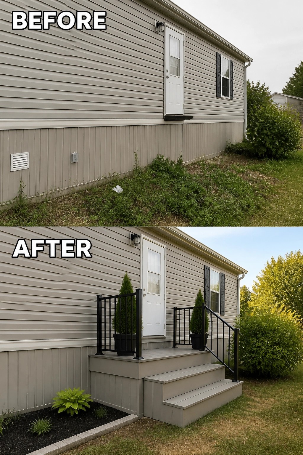 Before-and-after image of a manufactured home door upgraded with a compact set of steps, a small landing and metal railings plus planters and a bordered planting bed.