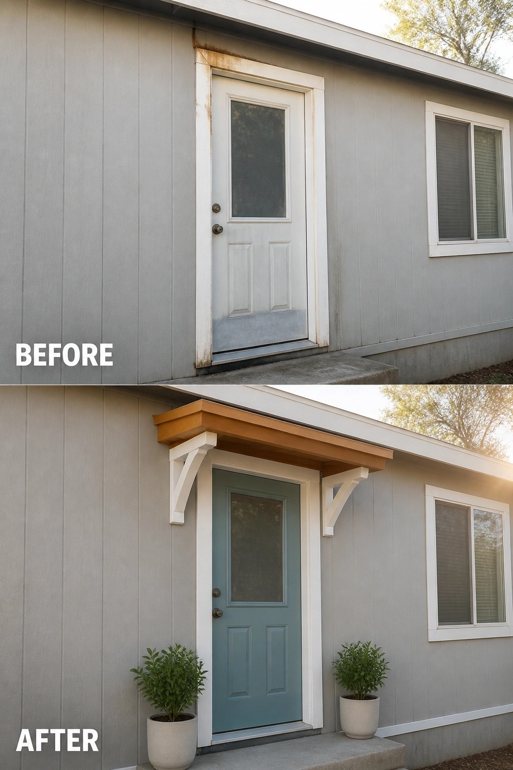 Before-and-after image of a plain manufactured home's front entry updated with a painted door, a small wooden overhang with decorative brackets, and matching potted plants.