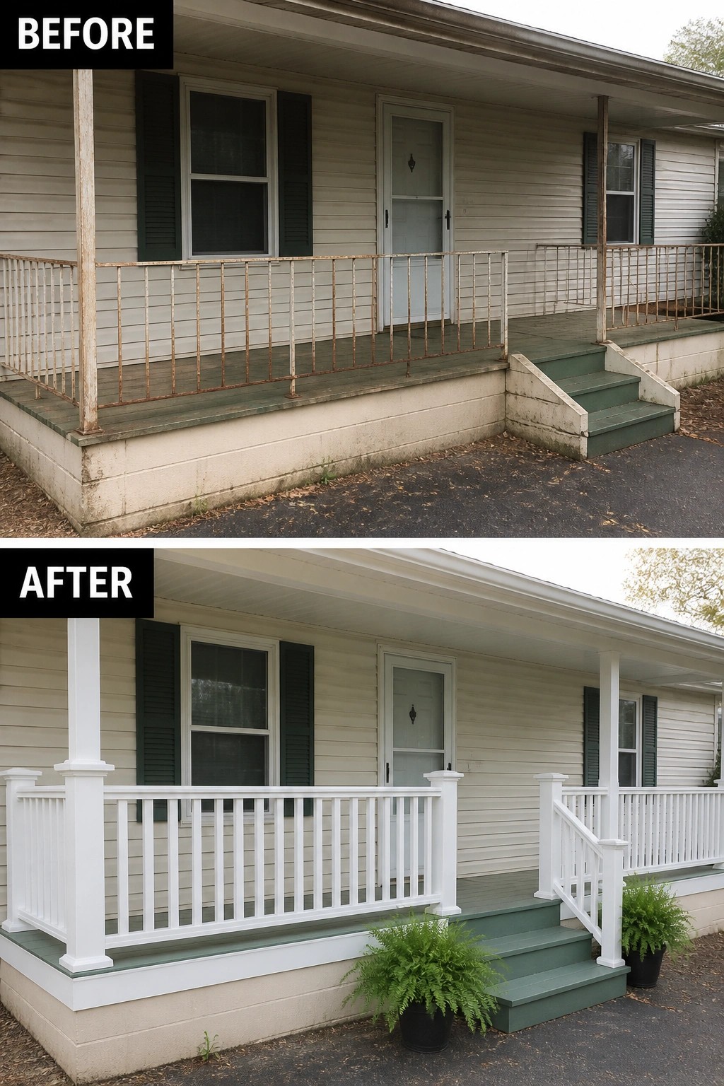 Before-and-after image of a front porch where a rusty metal railing and worn steps were replaced with white railings, painted trim, and potted ferns.