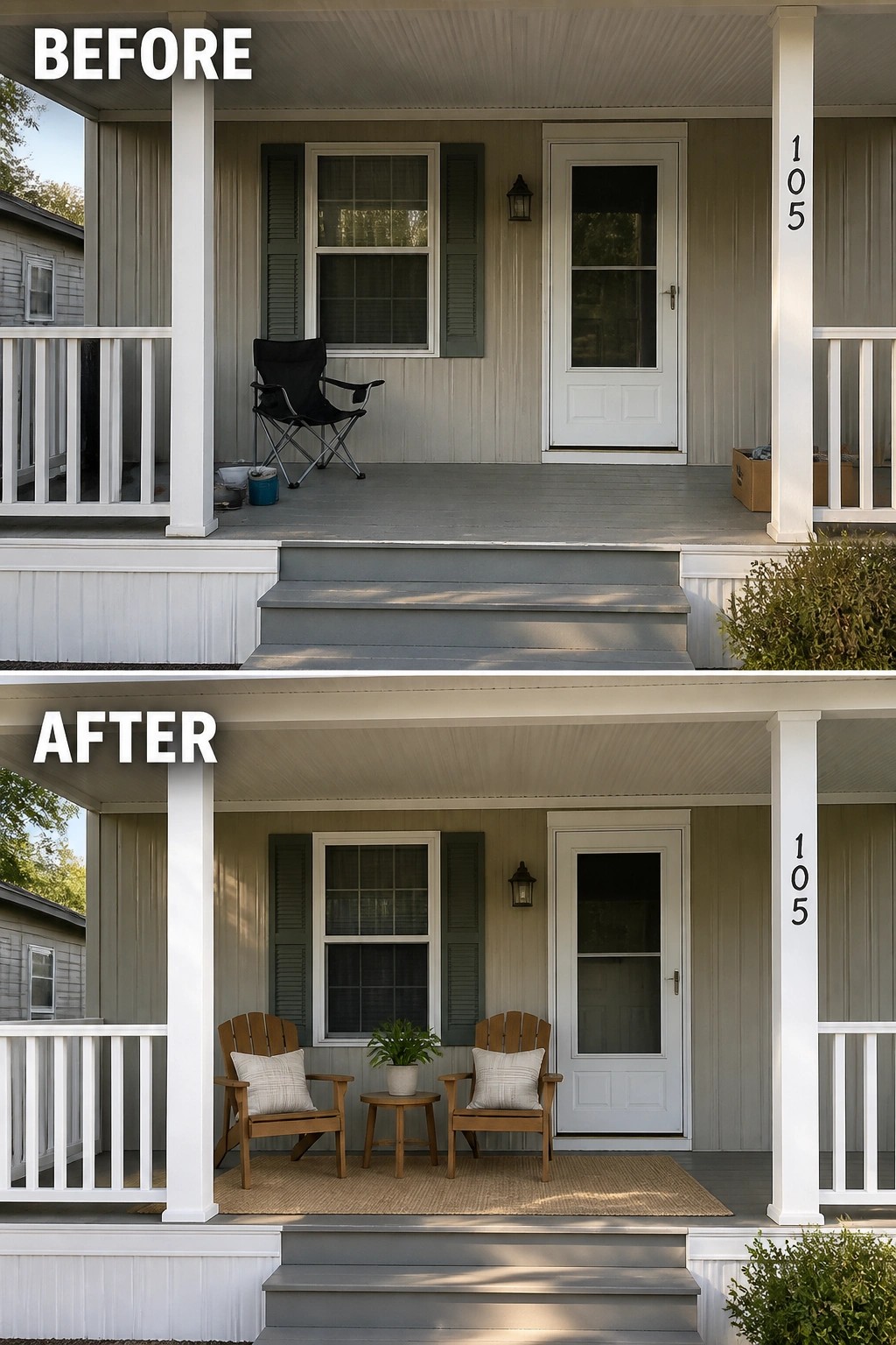 Before-and-after image of a bare front porch updated with matching wooden chairs, a small table, a woven rug, and a potted plant to create a defined seating area.