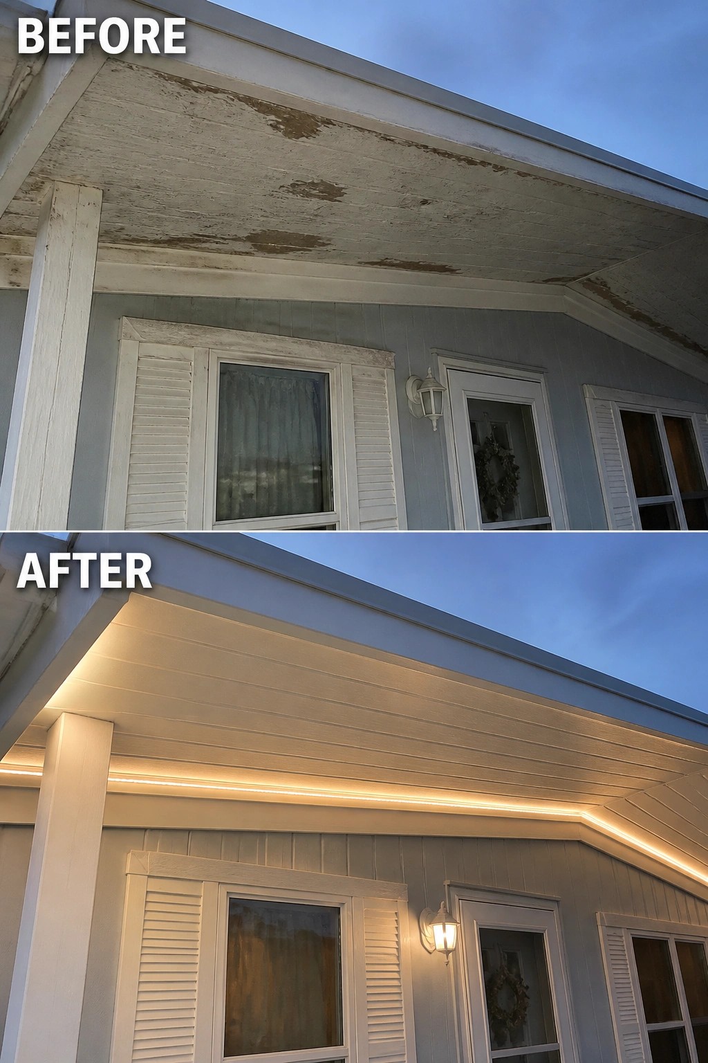 Before-and-after image of a porch showing a peeling ceiling replaced by a clean paneled soffit with built-in linear LED lighting.
