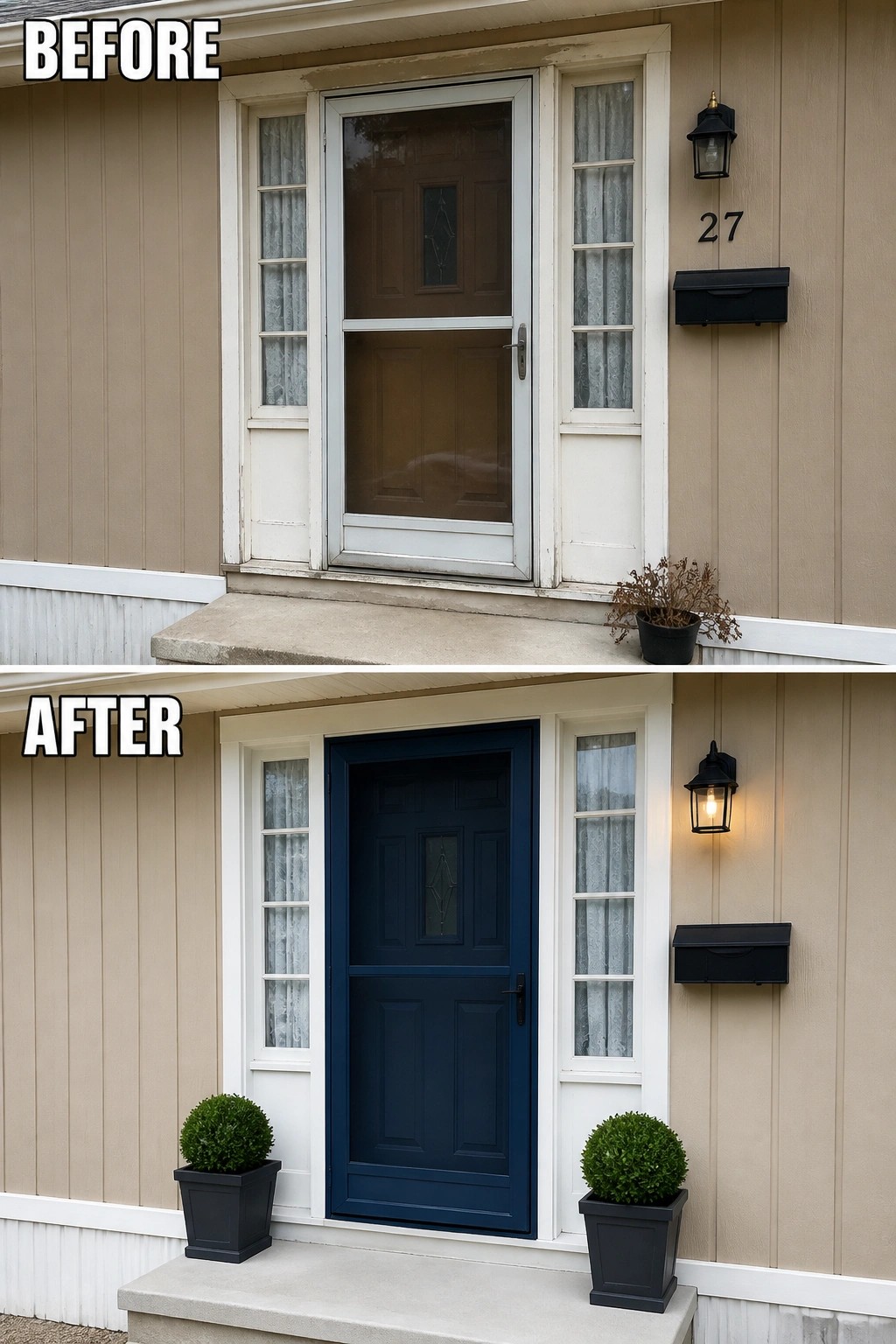Split before-and-after entry shows beige siding, navy front door, lit lantern, black planters.