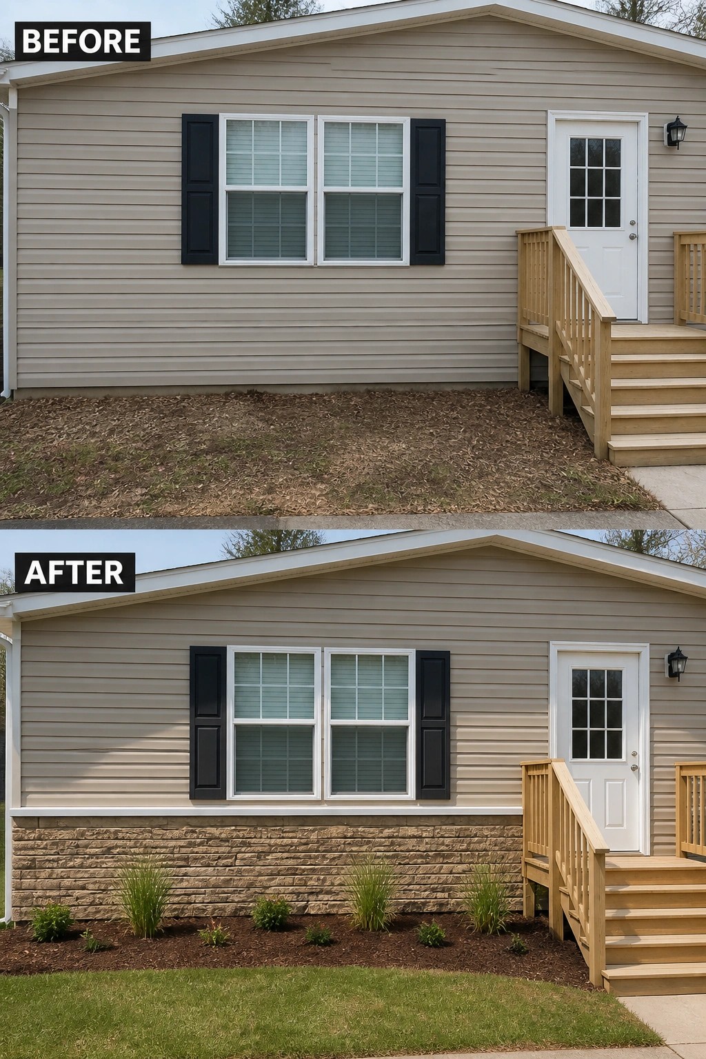 Before-and-after image of a manufactured home exterior showing bare dirt under the siding replaced by stone skirting and a mulched planting bed with small grasses and shrubs.