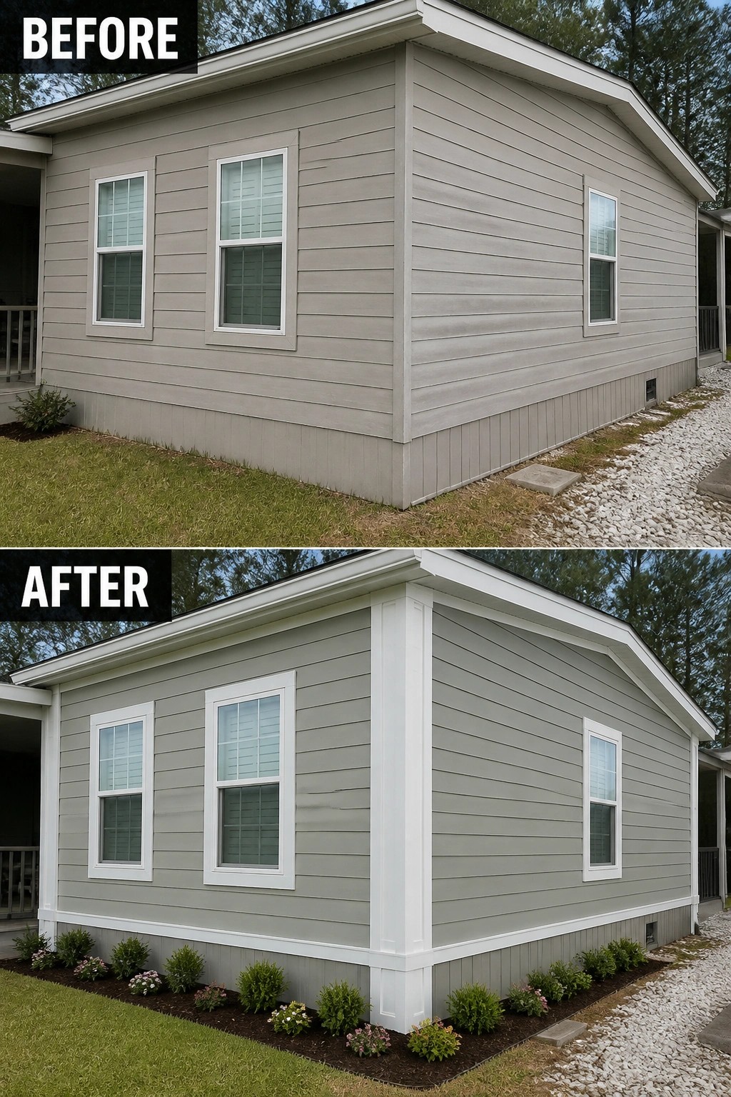 Before-and-after image of a manufactured home updated by repainting the siding and adding crisp white trim and small foundation plantings.