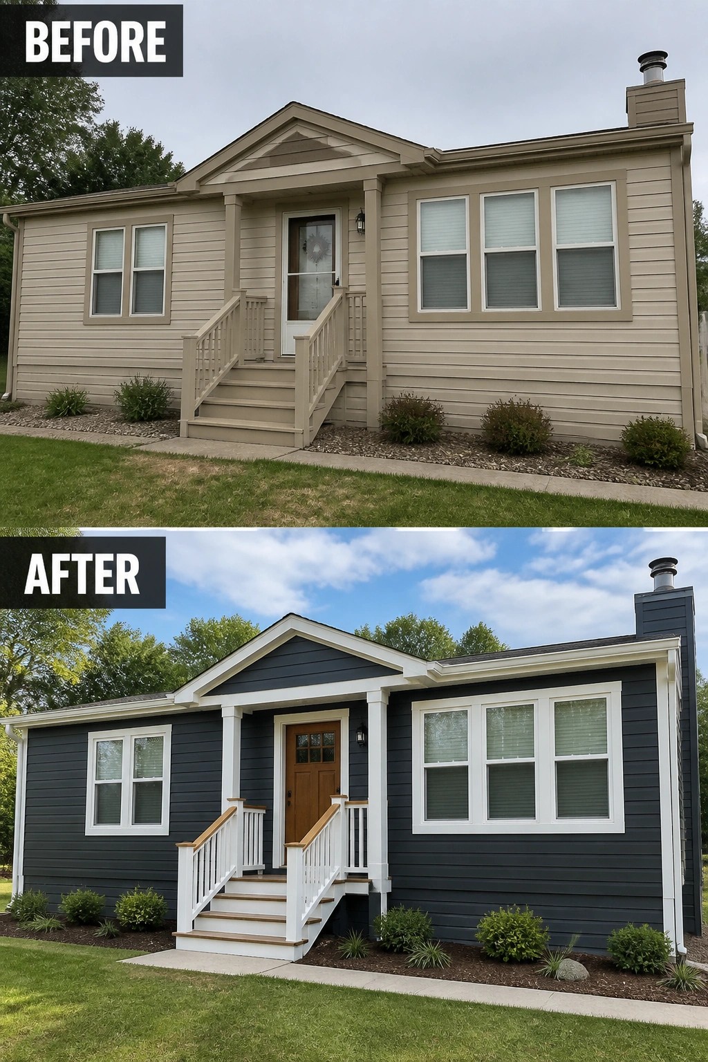 Before-and-after image of a manufactured home's exterior showing a plain beige facade updated to dark blue siding with white trim, a wooden front door, and refreshed porch railings.
