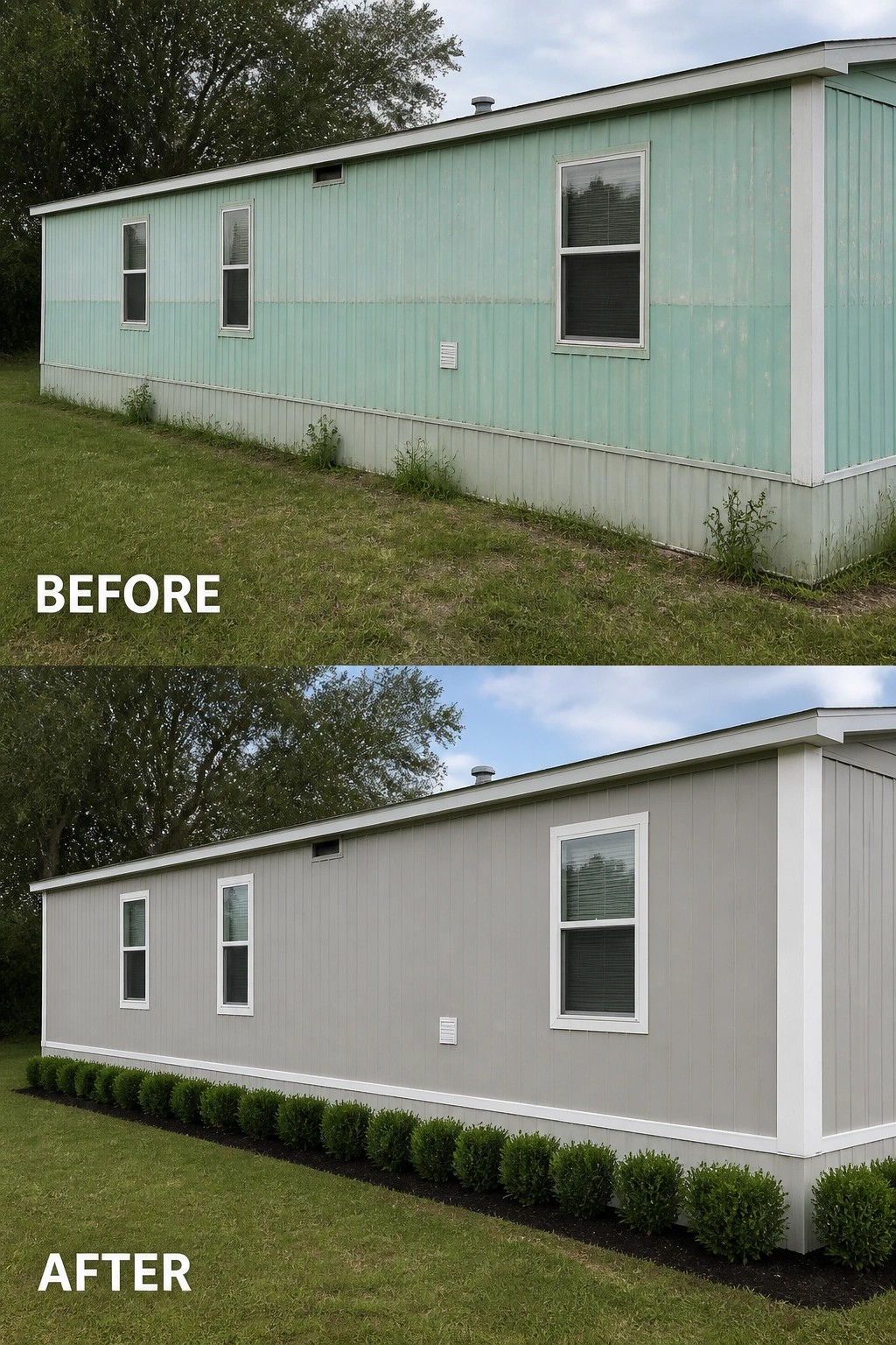 Before-and-after image of a manufactured home exterior showing faded teal siding repainted neutral gray with new white trim and a row of small shrubs at the foundation.