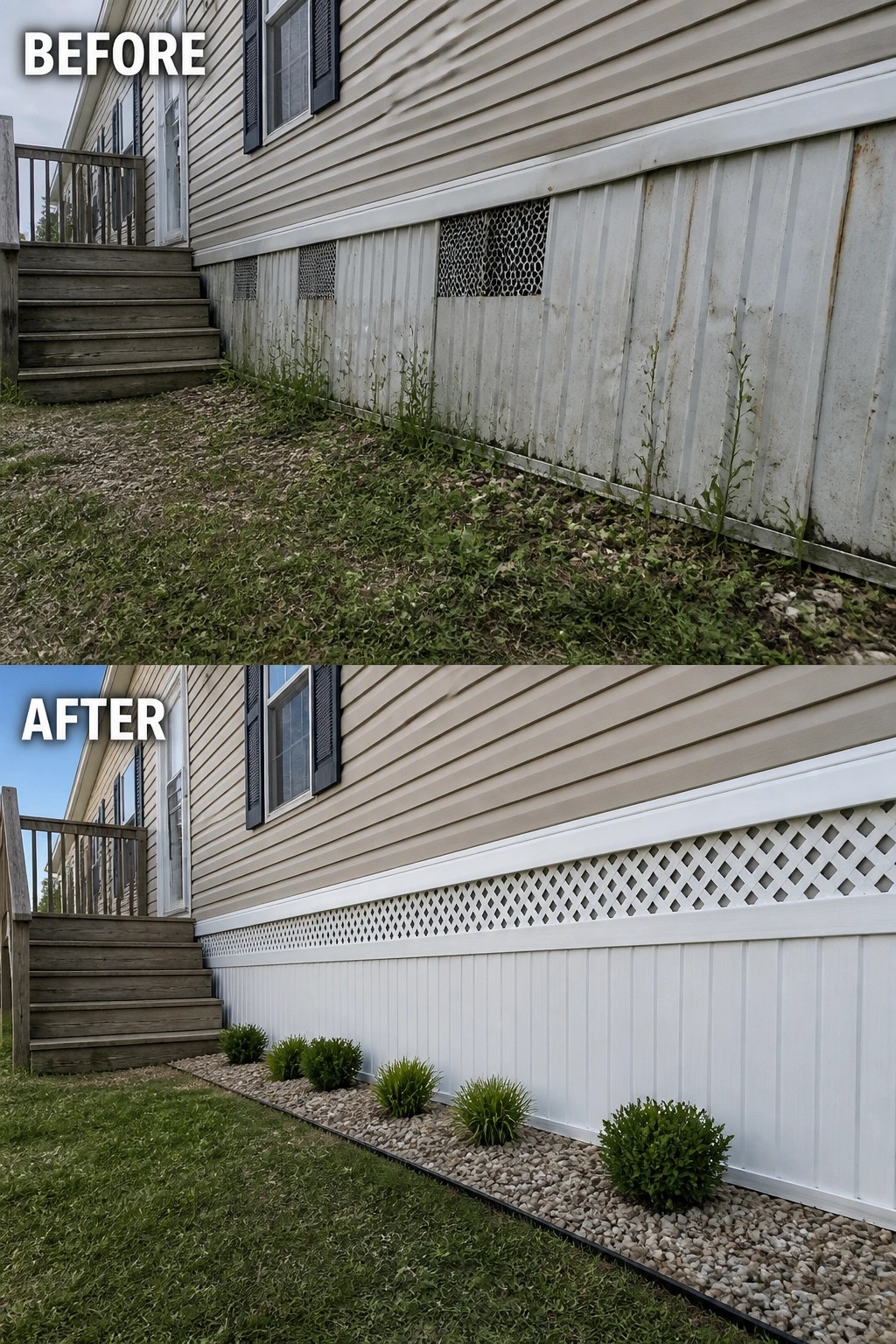 Before-and-after image of a manufactured home showing dirty corrugated skirting replaced by clean white vertical skirting with lattice trim and a narrow gravel planting bed with small shrubs.