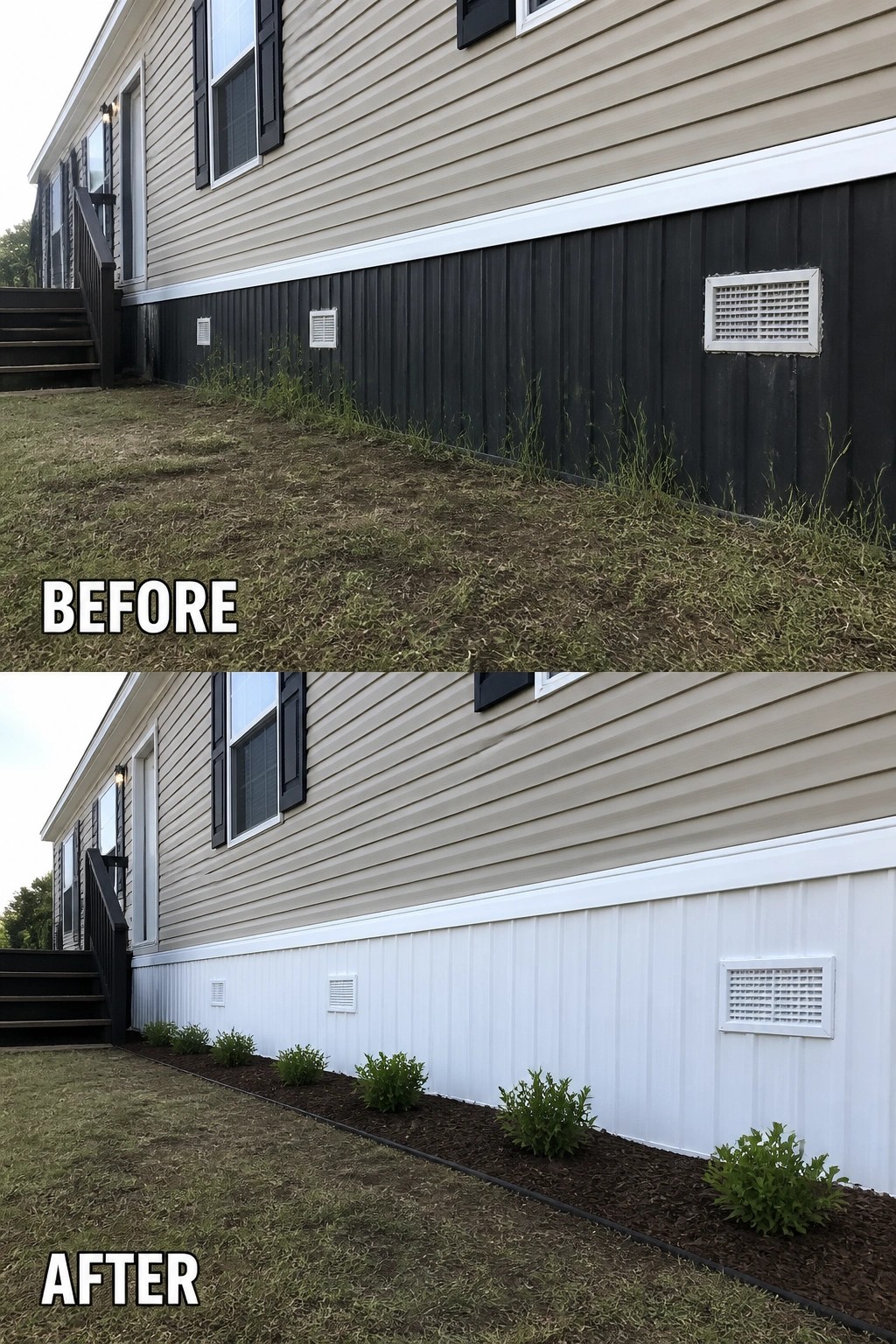 Before-and-after image of a manufactured home skirt painted from dark to white with a new mulched planting bed and small shrubs.