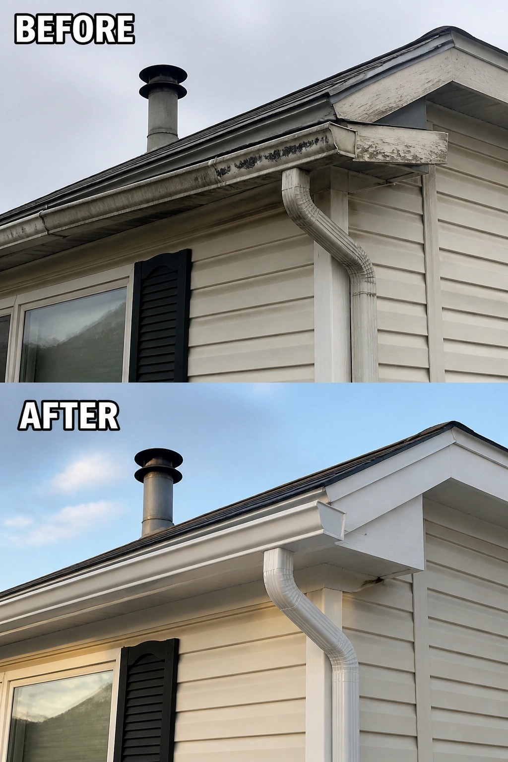 Before-and-after image of a manufactured home exterior showing worn, peeling trim and a stained gutter updated to repaired fascia and freshly painted white trim and gutters.