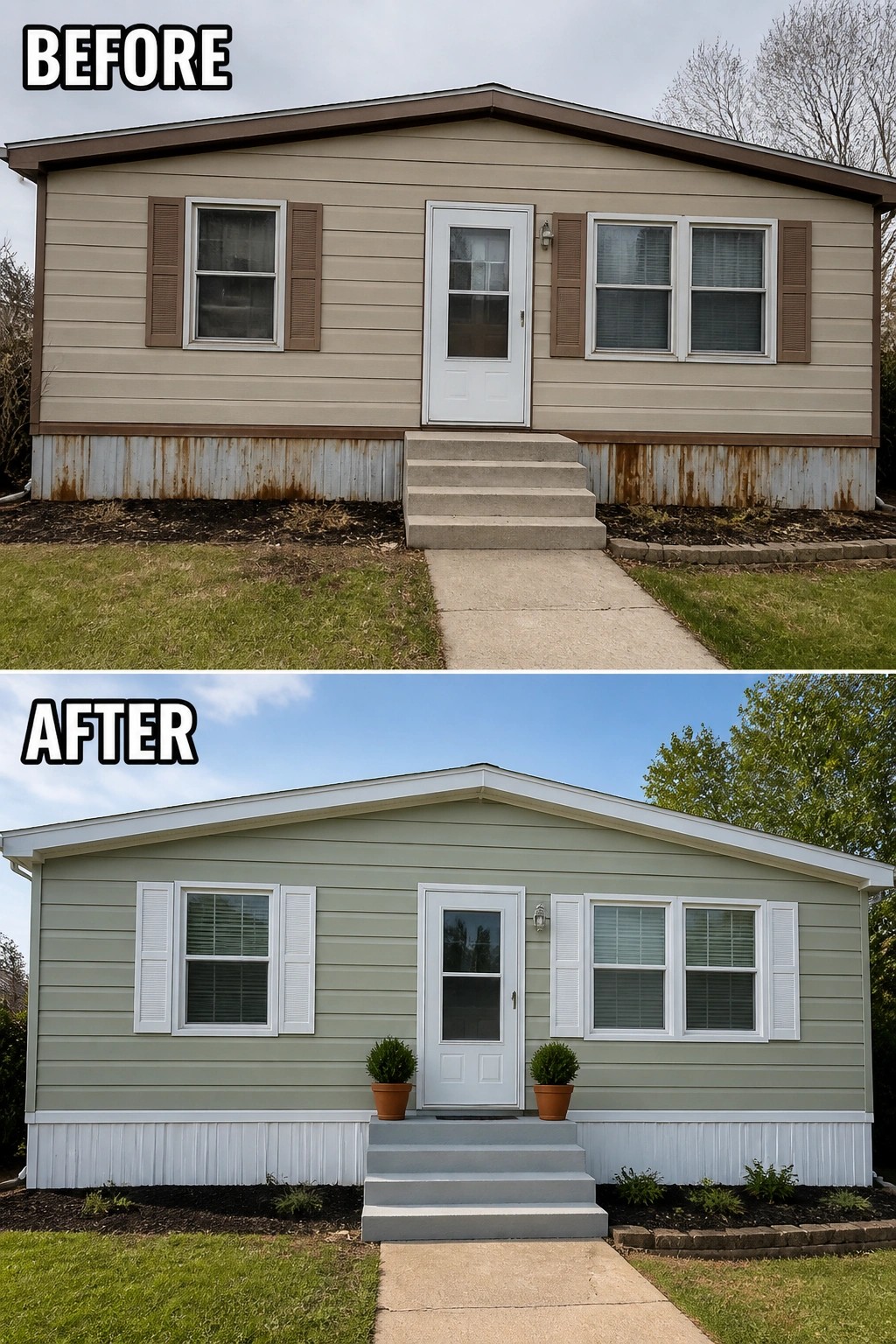 Before-and-after image of a manufactured home exterior showing the house repainted in a softer color with crisp white trim and cleaner skirting.