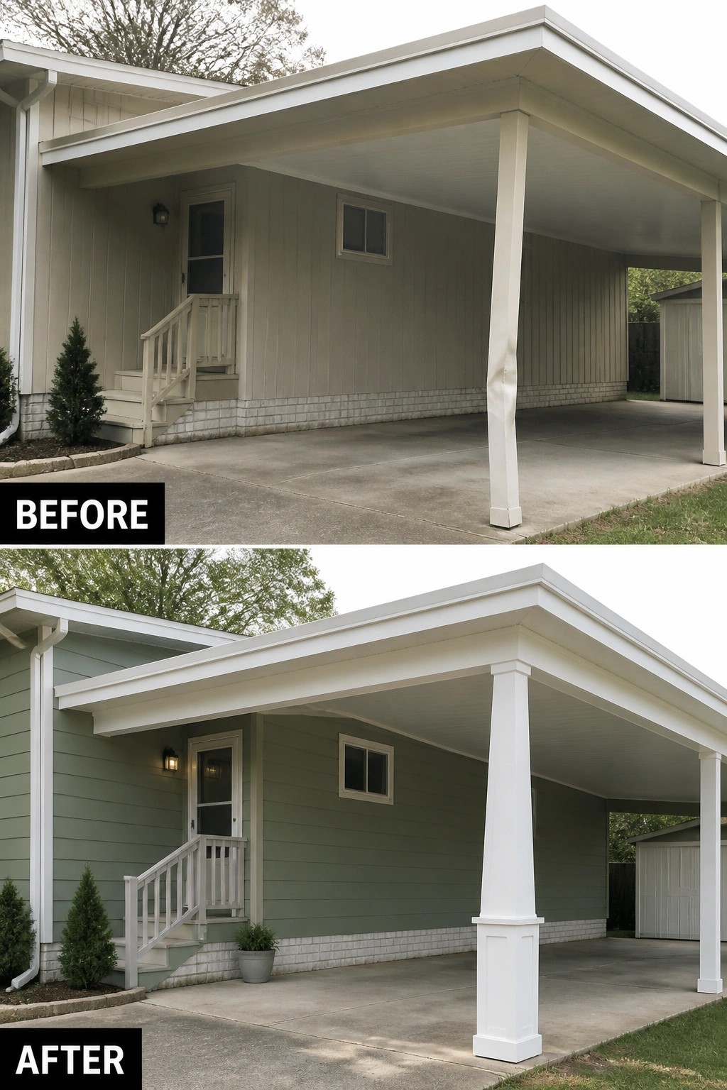 Before-and-after image of a manufactured home carport showing plain beige siding updated to soft green siding with clean white trim and a squared column.