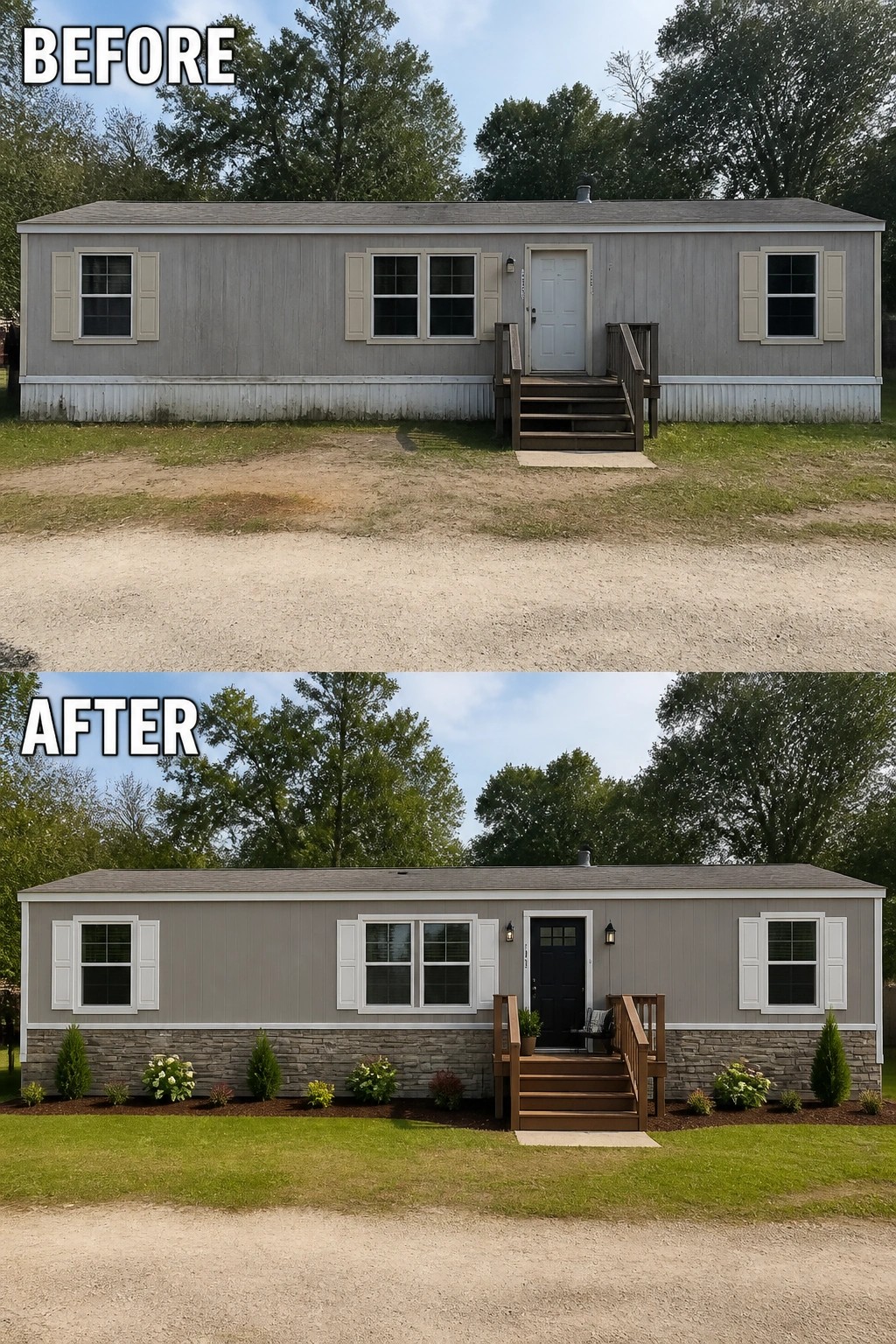 Before-and-after image of a manufactured home exterior updated with fresh white trim, a dark front door, stone skirting, and simple landscaping.
