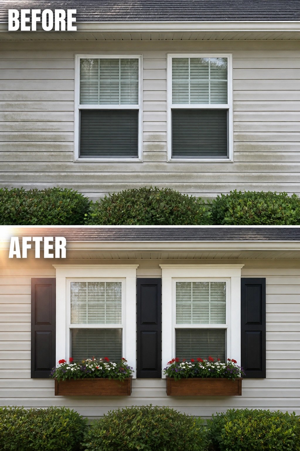 Before-and-after image of a manufactured home exterior updated with clean white window trim, black shutters, and wooden flower boxes.
