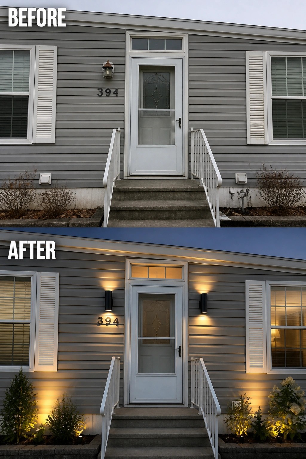 Before-and-after image of a manufactured-home front entry updated with wall-mounted up-and-down lights and low uplighting at new shrubs.