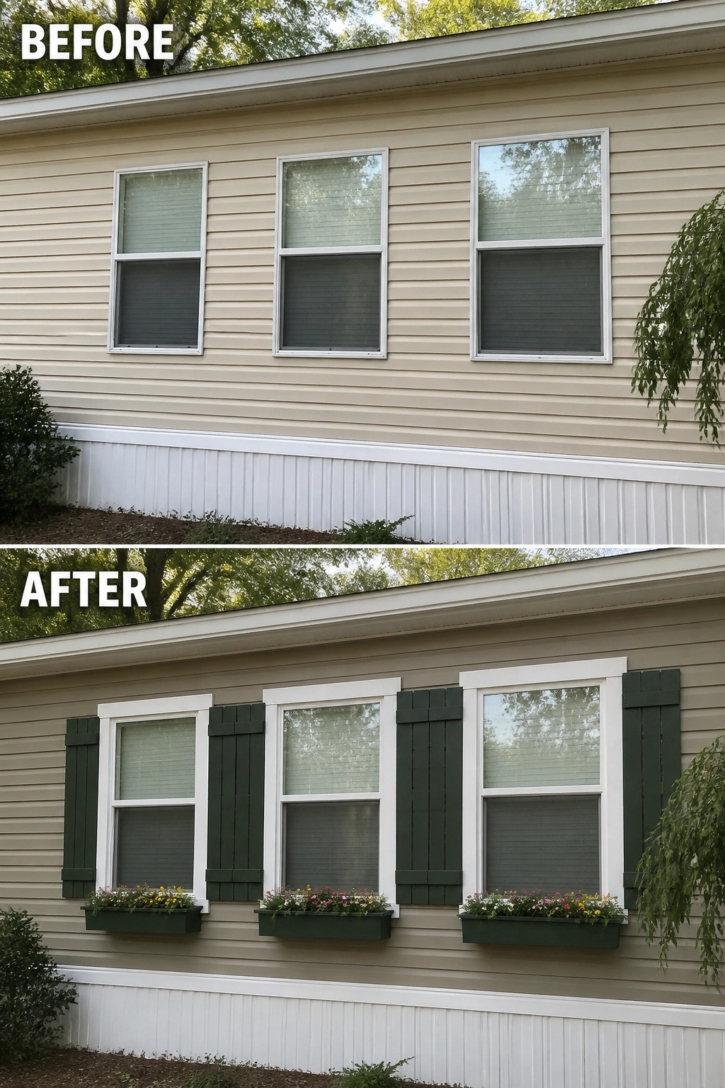 Before-and-after image of a manufactured home exterior showing plain windows updated with painted trim, dark shutters, and flower boxes.